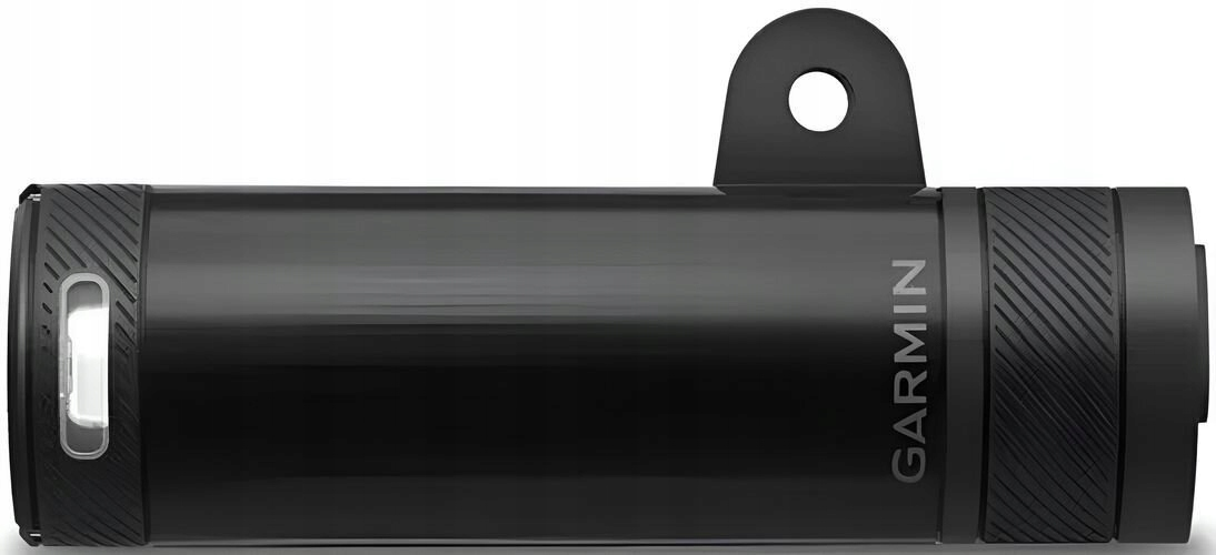 Czarna lampa rowerowa Garmin. Cylindryczny korpus z teksturowanymi końcami. Logo Garmin z boku. Pętla do montażu znajduje się na górze.