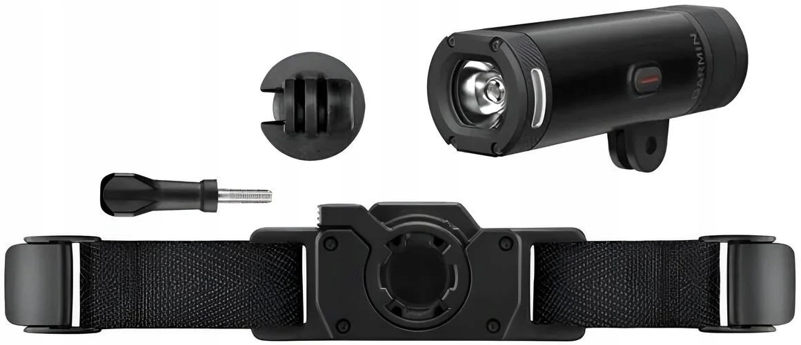 Wyświetlana jest czarna lampa rowerowa, osprzęt montażowy i pasek. Światło jest cylindryczne z jasną soczewką i napisem GARMIN.