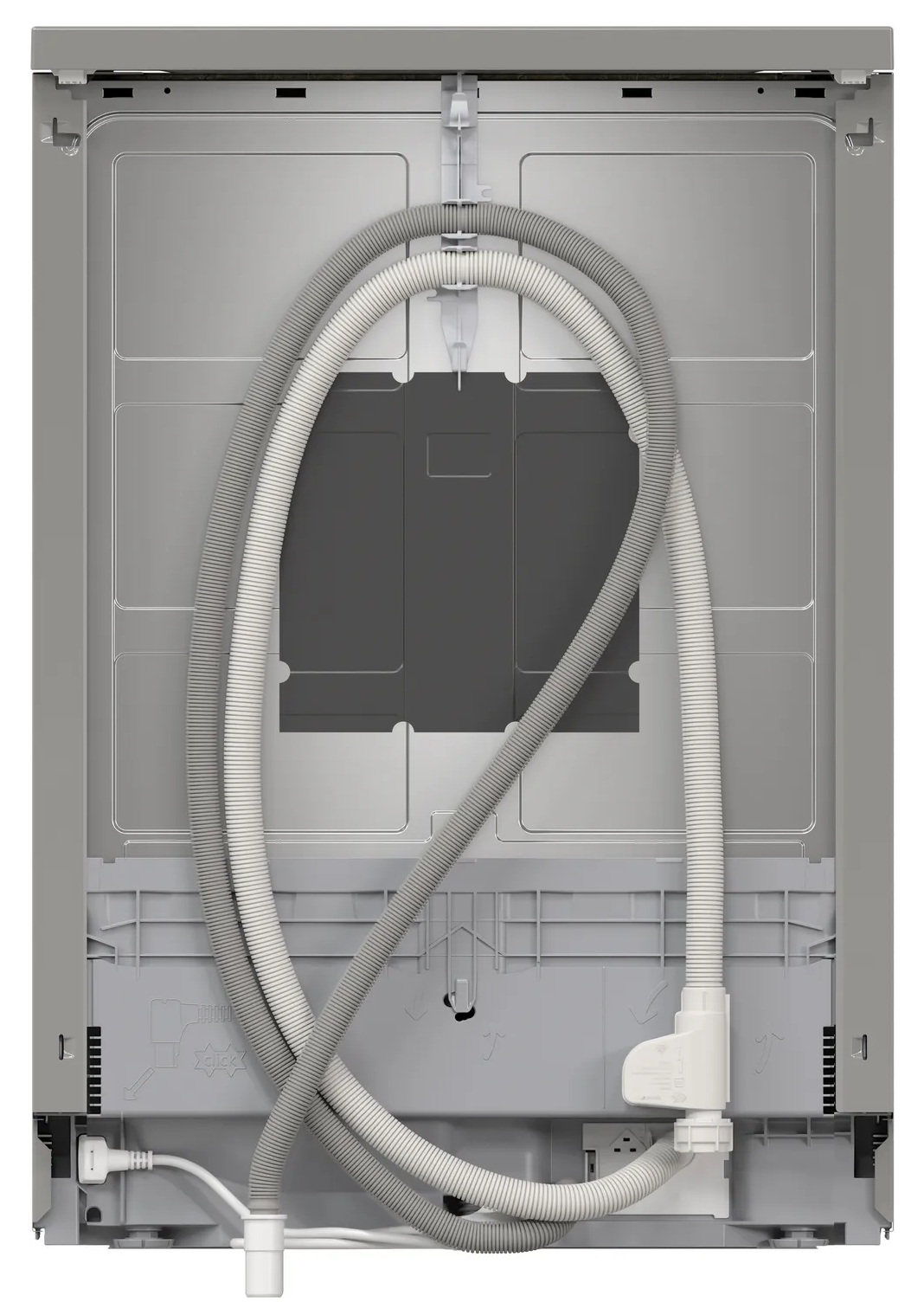 Tył zmywarki z szarymi i białymi wężami, elementami elektrycznymi i szarą plastikową ramą.