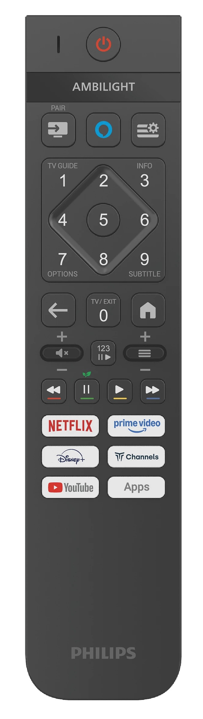Czarny pilot Philips. Ma wiele przycisków, w tym Netflix, YouTube i prime video. Nazwa marki znajduje się na dole.
