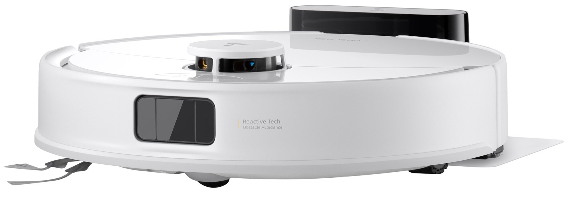 Biały odkurzacz robot z czarnymi detalami. Ma okrągły kształt, cylindryczną górę i czarny pojemnik.