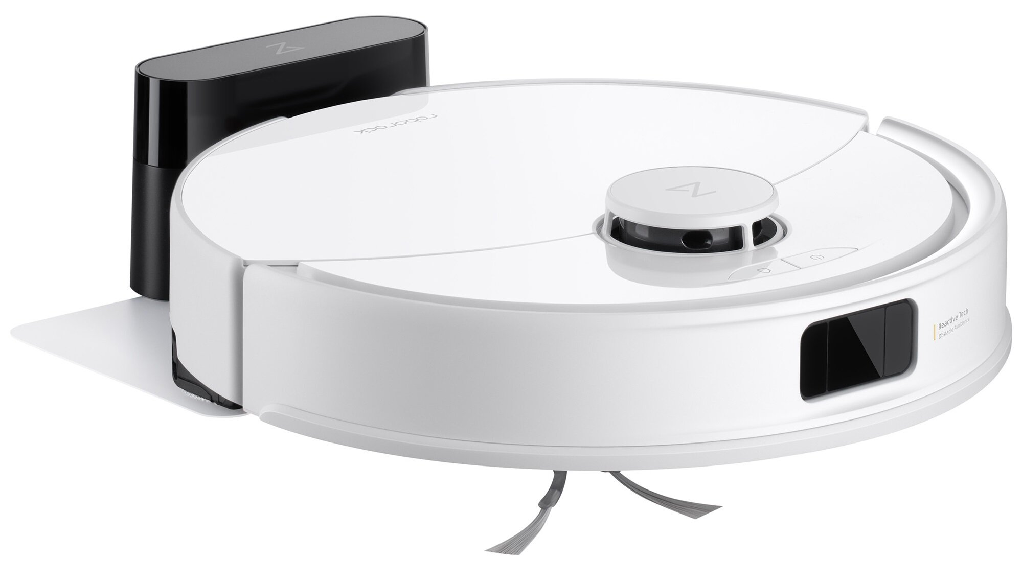 Biały i czarny robot sprzątający z bazą ładującą. Posiada okrągły korpus, szczotki i przyciski.