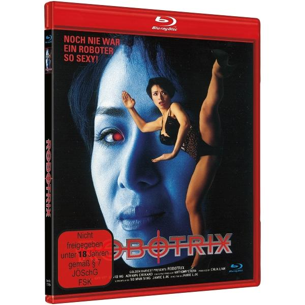 Blu-ray-Cover mit einer Frau im Body, dahinter ein großes Gesicht. Text: Robotrix. Deutscher Text: Noch nie war ein Roboter so sexy!