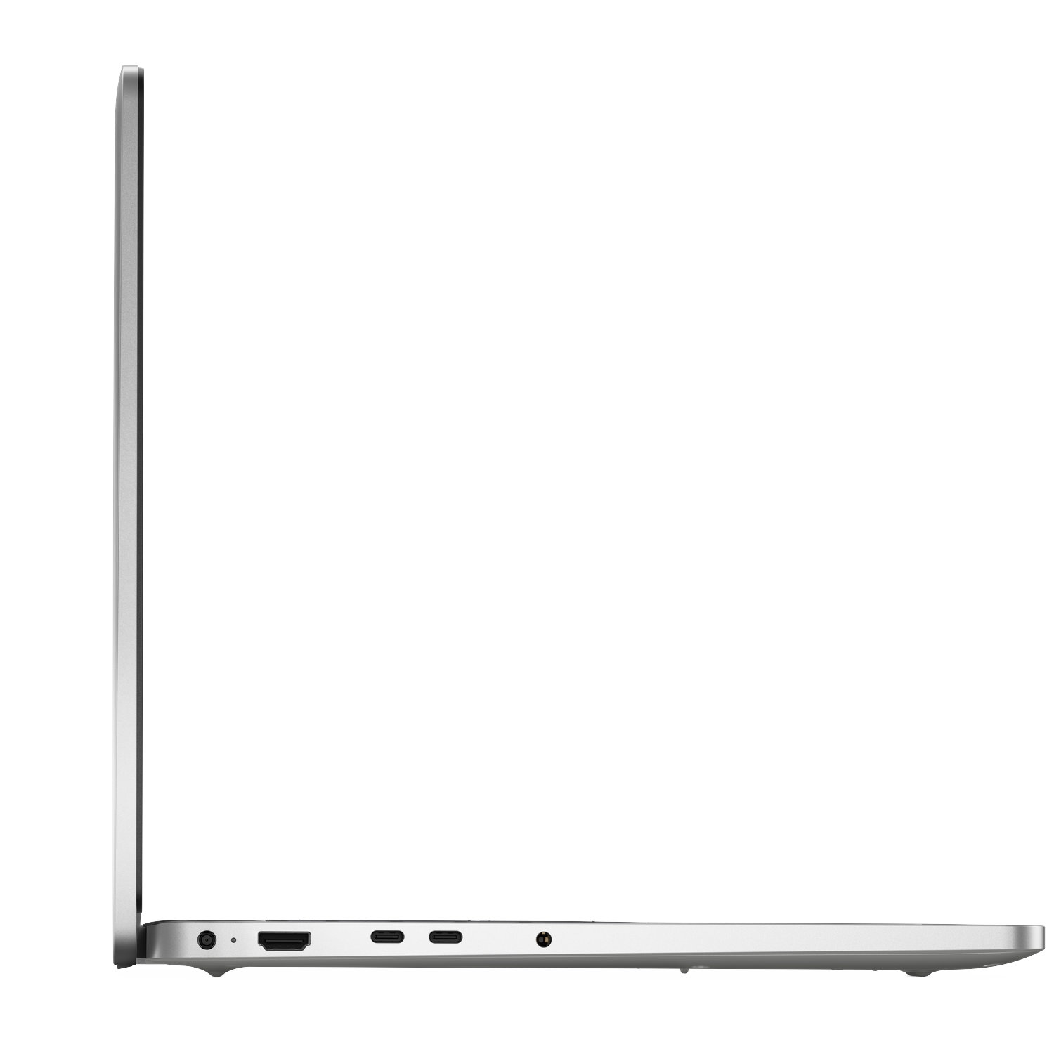 Silver laptop side view. Ports: power, HDMI, 2x USB-C.