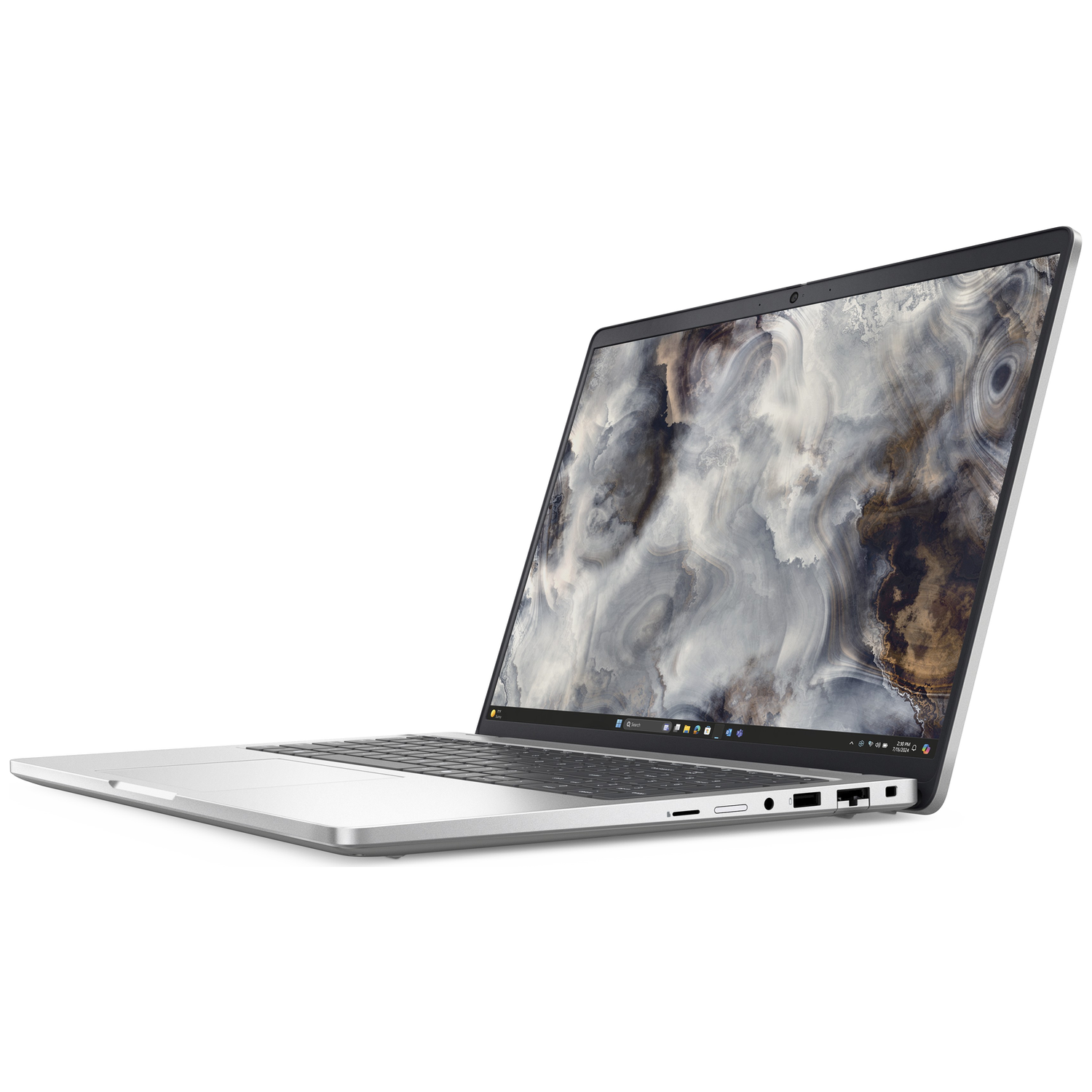 Ein silberner Laptop mit geöffnetem Display und abstraktem Hintergrund.