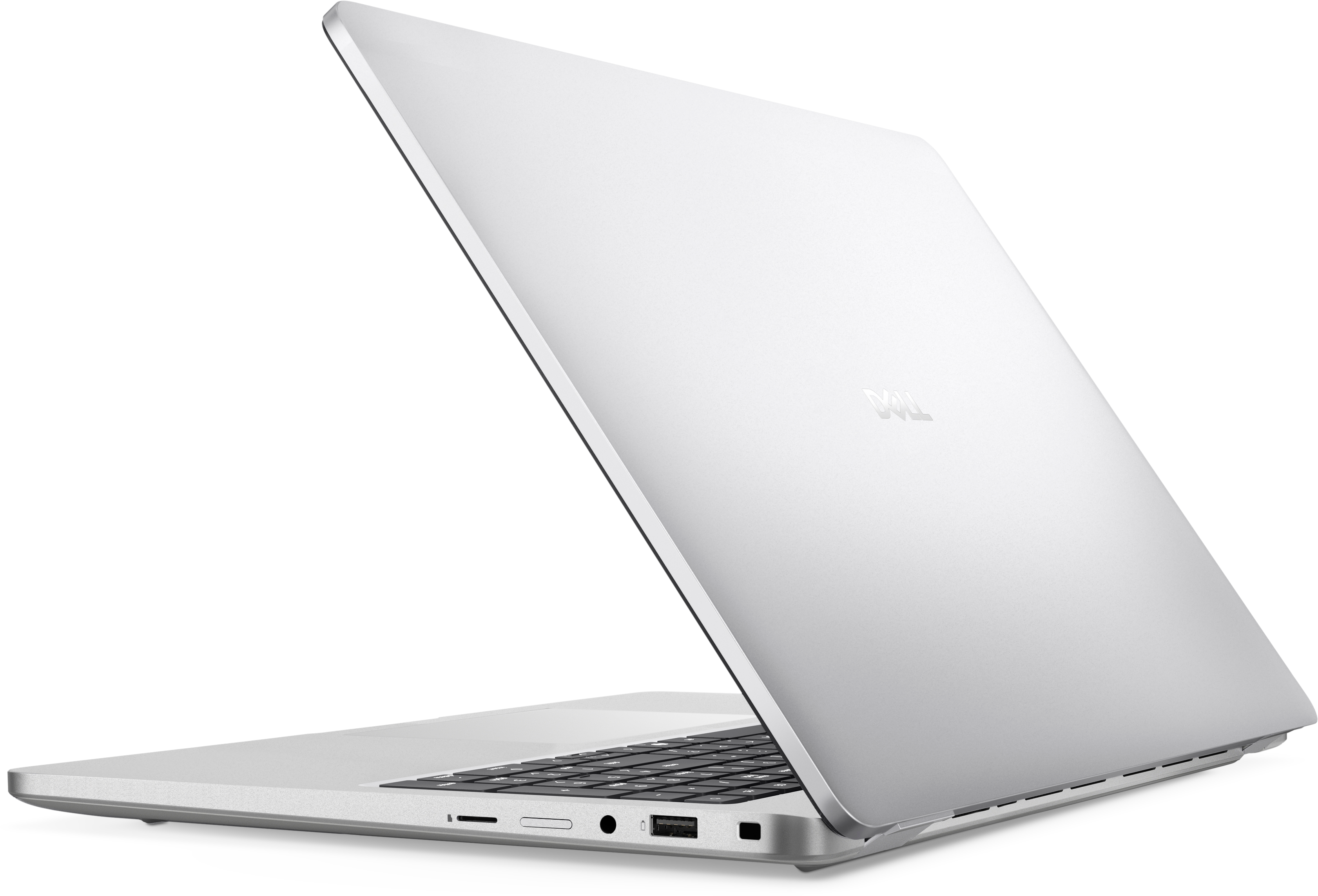 Ein silberner Laptop, leicht geöffnet, seitlich abgewinkelt. Das Dell-Logo ist sichtbar. Der Hintergrund ist schwarz.