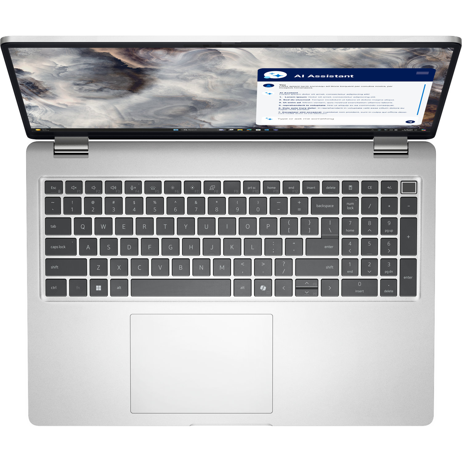 Silberner Laptop geöffnet, zeigt Tastatur und Bildschirm mit KI-Assistent-Oberfläche.