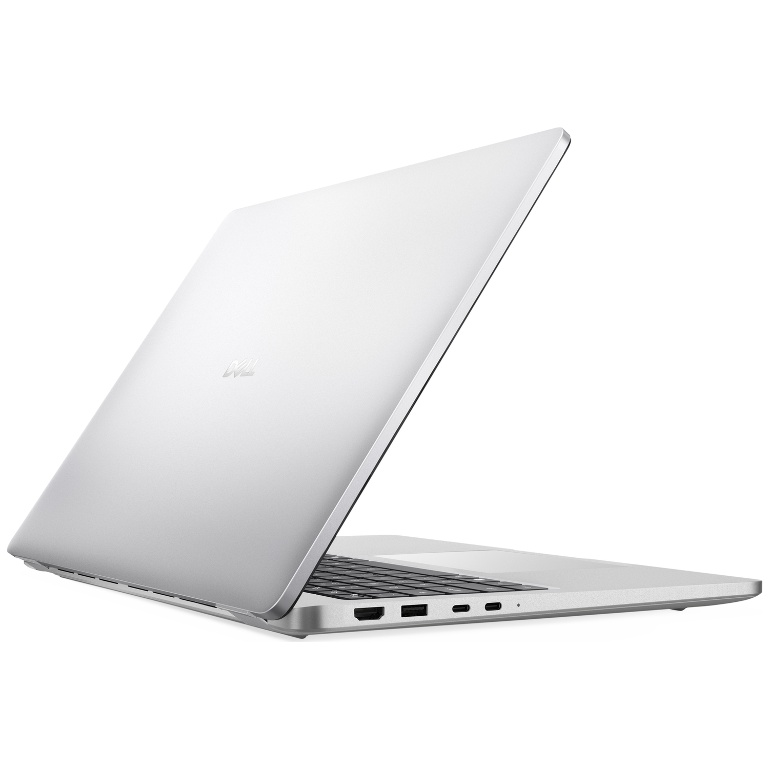 Silberner Dell Laptop, geöffnet, zeigt Tastatur und Anschlüsse. Isoliert auf Weiß.