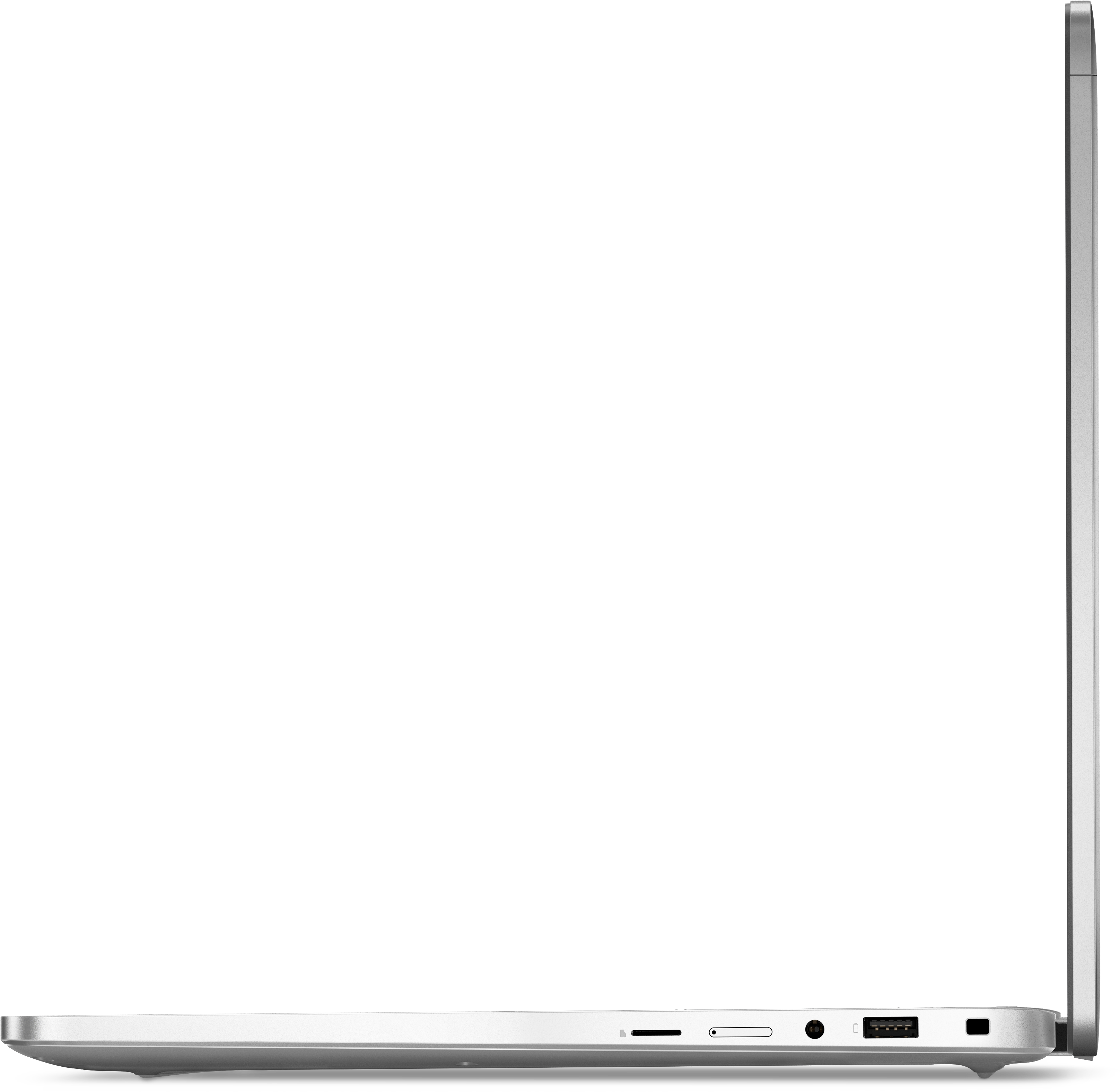 Seitenansicht eines silbernen Laptops. Anschlüsse: USB, Audio, SD-Kartensteckplatz. Der Bildschirm ist schwarz.