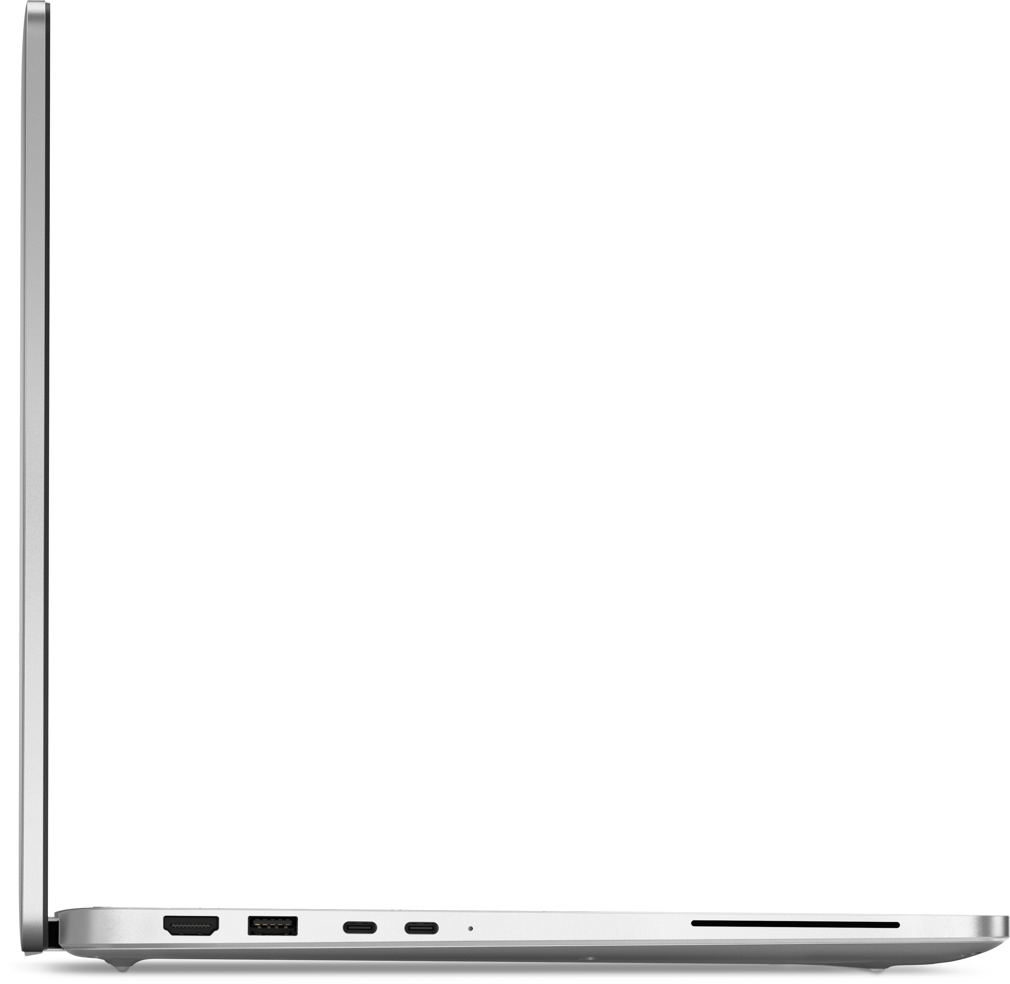 Seitenansicht eines silbernen Laptops. Die linke Seite zeigt Bildschirmkante und Anschlüsse: HDMI, USB-C und Kartensteckplatz.