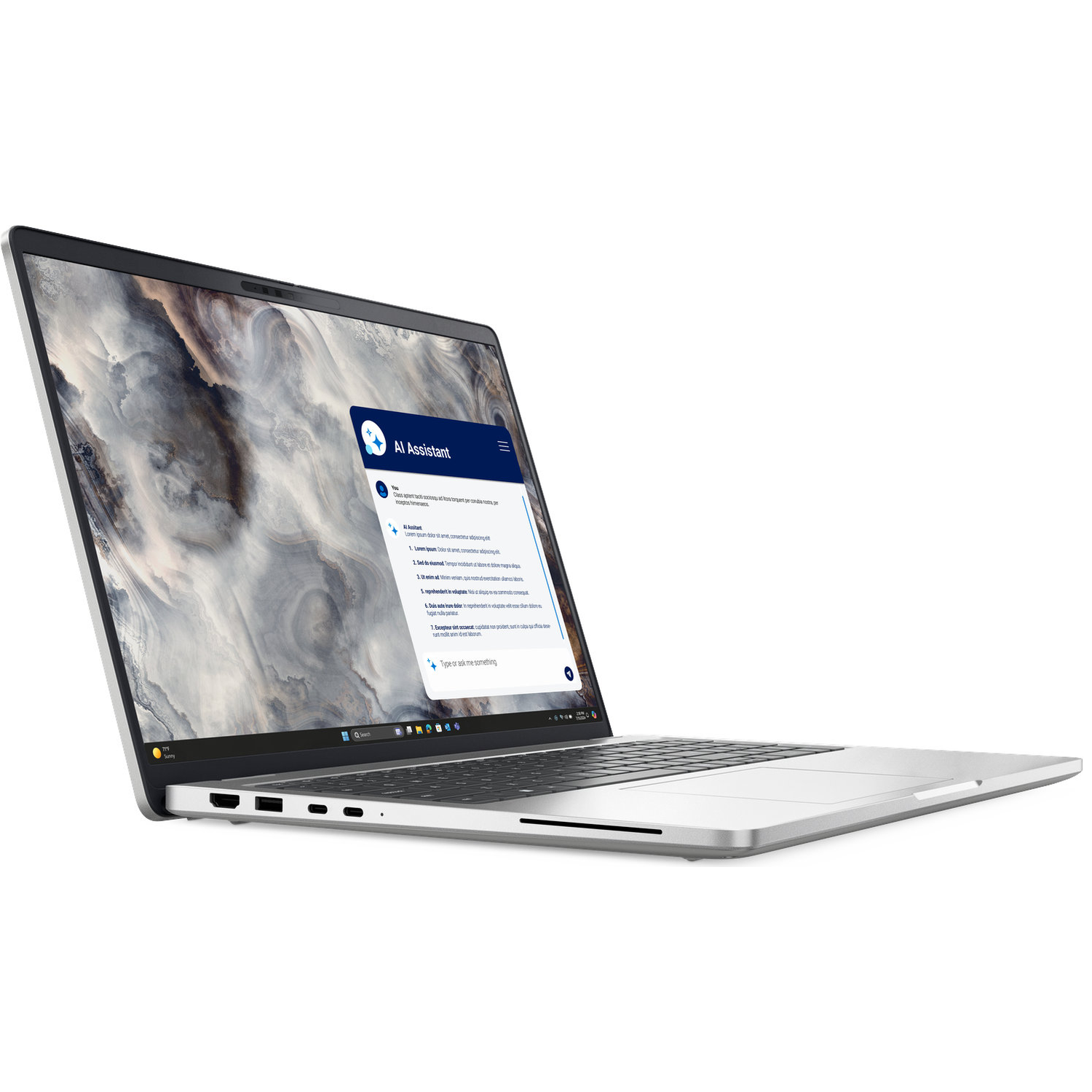 Ein silberner Laptop geöffnet mit einem KI-Assistenten-Chat auf dem Bildschirm.