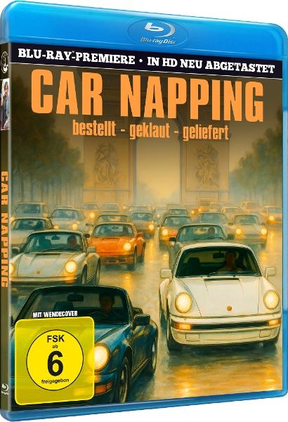Blu-ray-Cover für 'Car Napping', Autos auf einer Stadtstraße. Filmtitel ist orange. FSK 6-Rating. Autos sind weiß, orange und blau.