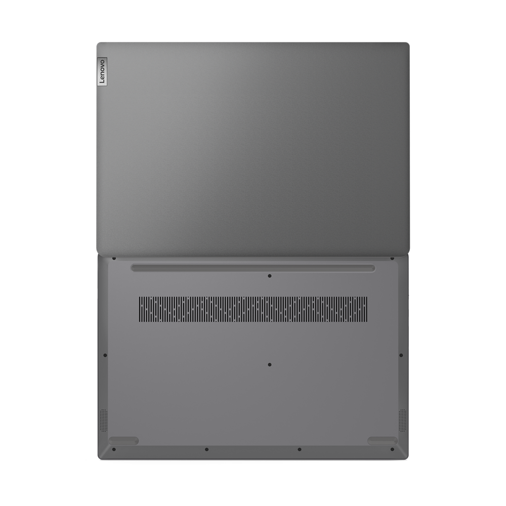 Widok z góry na szary laptop Lenovo, otwartą pokrywą. Obszar klawiatury pokazuje szczeliny wentylacyjne. Czarne tło.