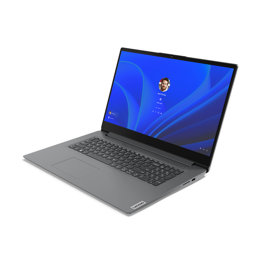Szary laptop Lenovo na czarnym tle. Ekran wyświetla niebieski ekran logowania. Klawiatura jest widoczna. Logo Lenovo znajduje się na laptopie.