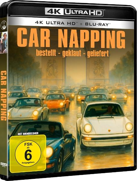 DVD-Cover für "Car Napping" mit vielen Autos, einige orange, weiß und blau, fahren auf einer nassen Straße.