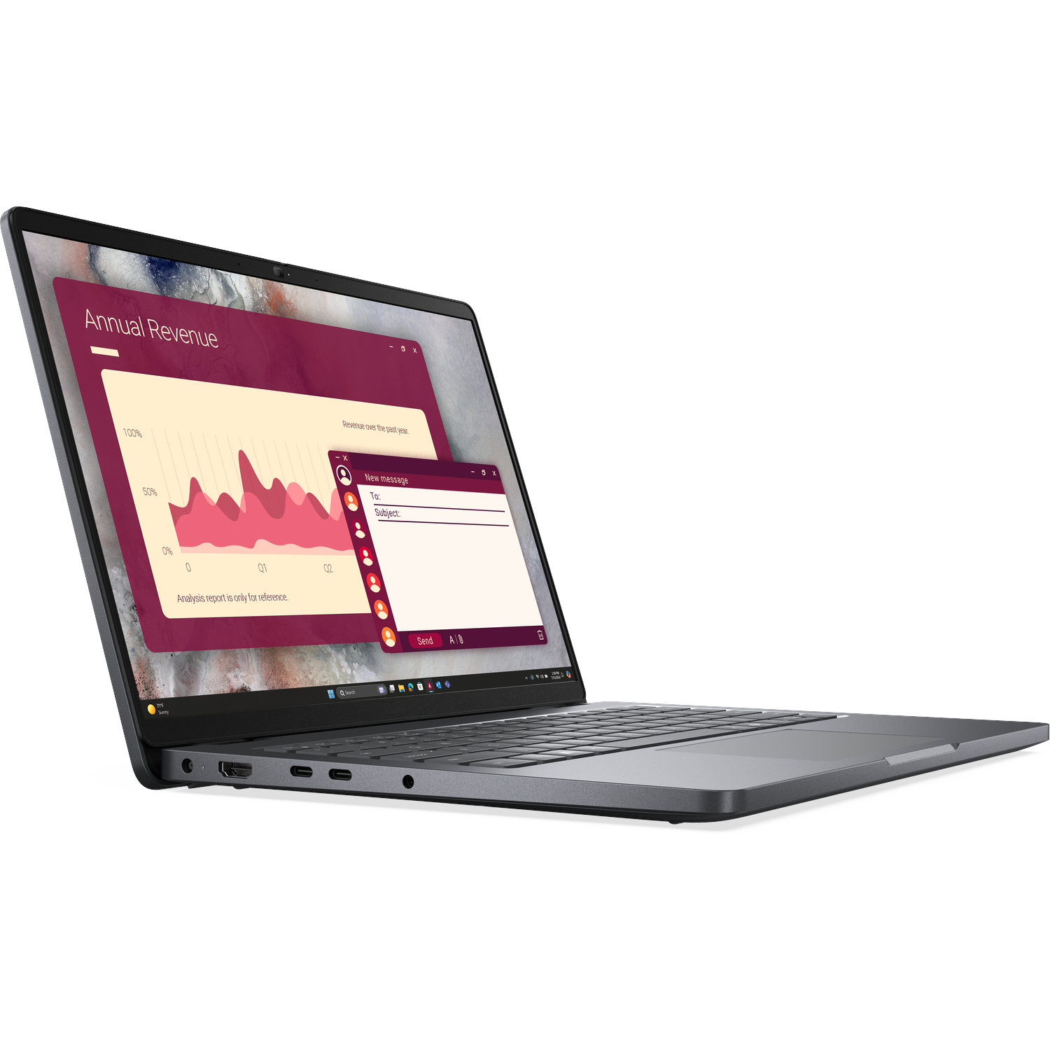 Ein grauer Laptop zeigt Grafiken und ein neues Nachrichtenfenster auf seinem Bildschirm.