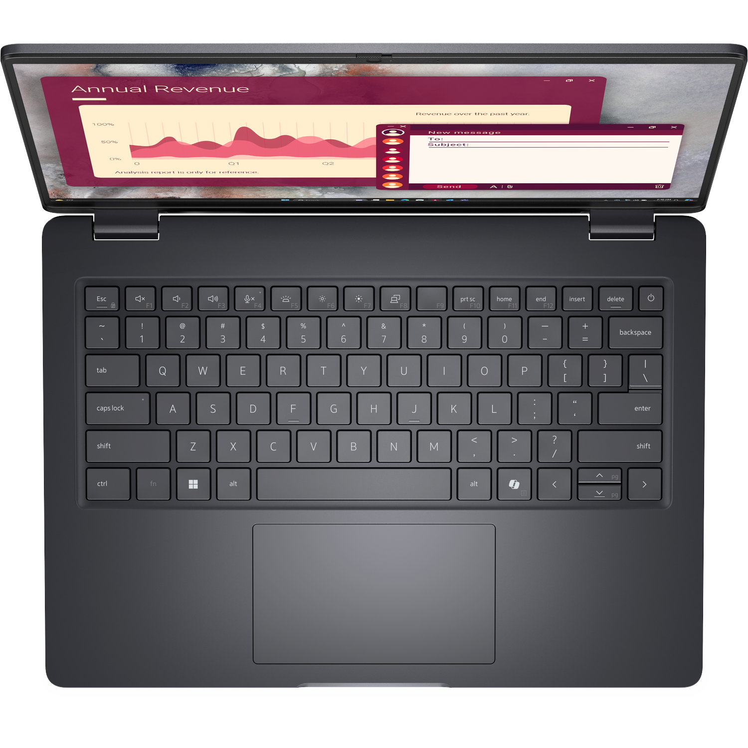 Ein geöffneter Laptop zeigt eine E-Mail und einen Umsatzbericht auf dem Bildschirm.