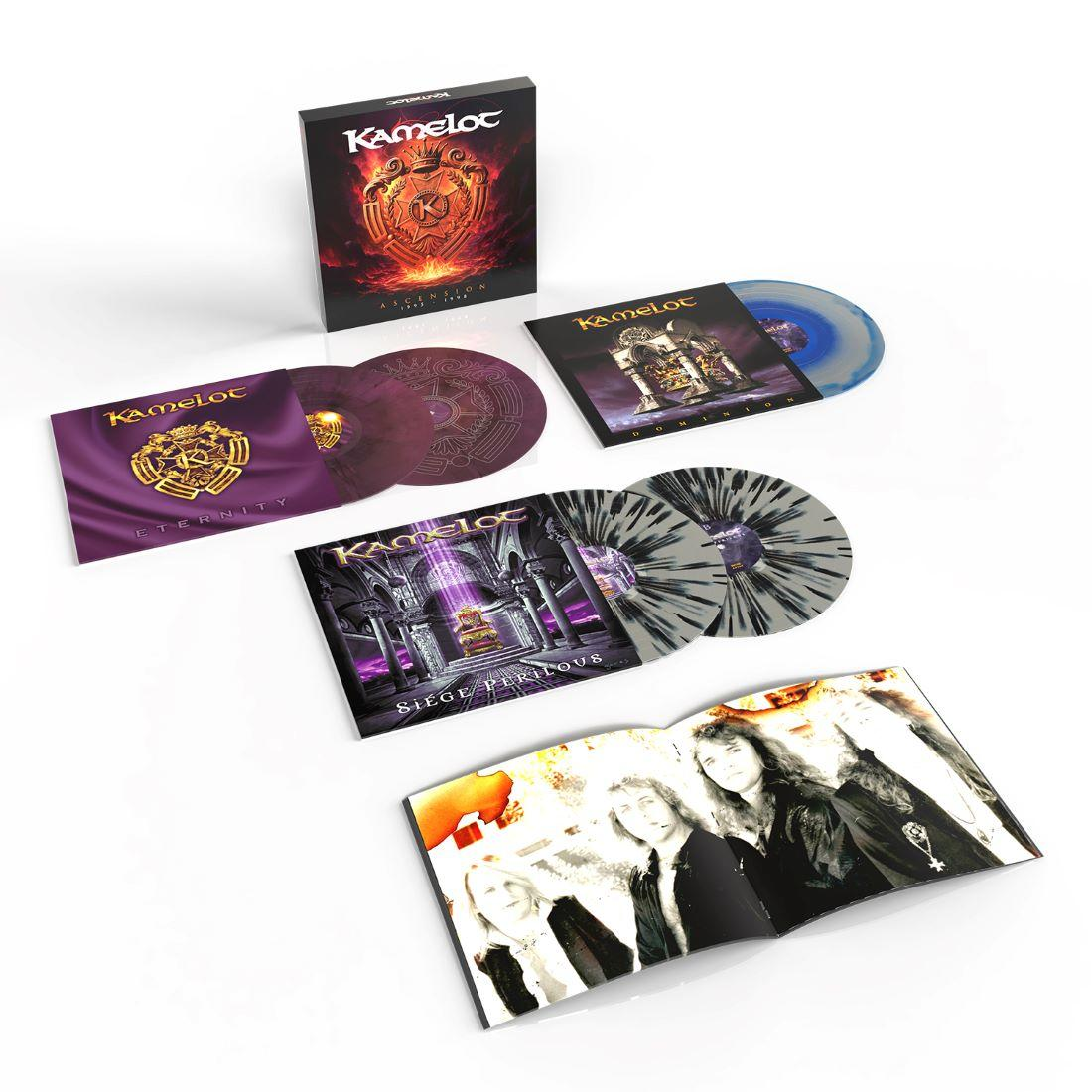 Kamelot-Vinyl-Box mit Buch, vier Schallplatten und Hüllen mit Band- und Album-Artwork.