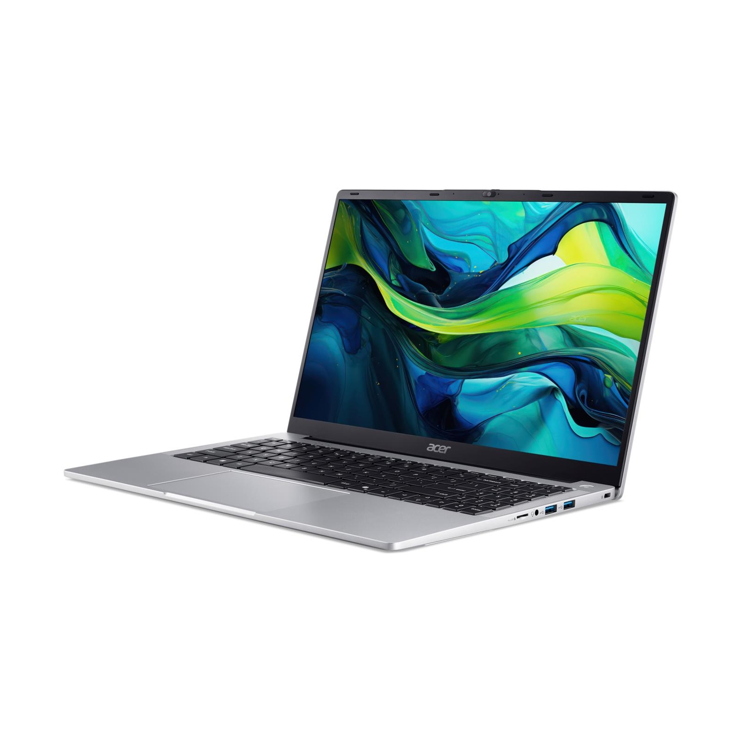 Laptop Acer argentato su bianco. Lo schermo mostra arte astratta in blu, verde e giallo. Tastiera e touchpad visibili. Logo Acer.