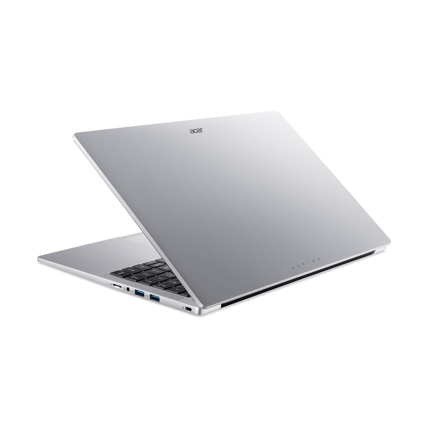 Laptop Acer argento, leggermente aperto, mostra tastiera e porte. La parola "aspire" è sul coperchio.