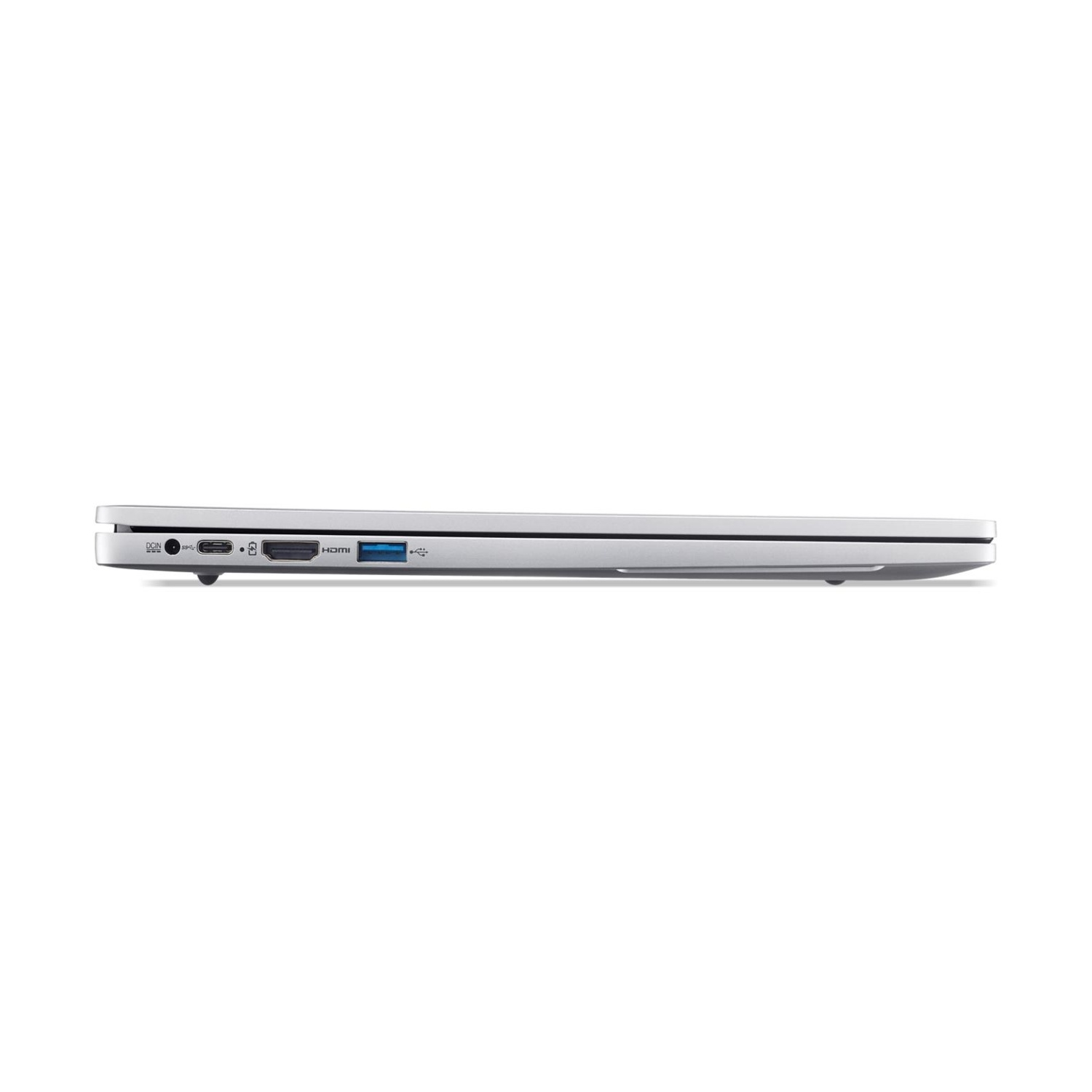 Vista laterale di un laptop argentato. Le porte includono USB, HDMI e alimentazione. Il laptop è chiuso e si trova su una superficie bianca.