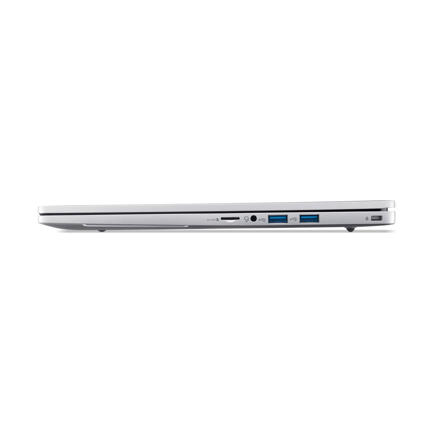 Vista laterale di un laptop argentato. Porte: microSD, jack audio, USB e slot di blocco. Su sfondo bianco.