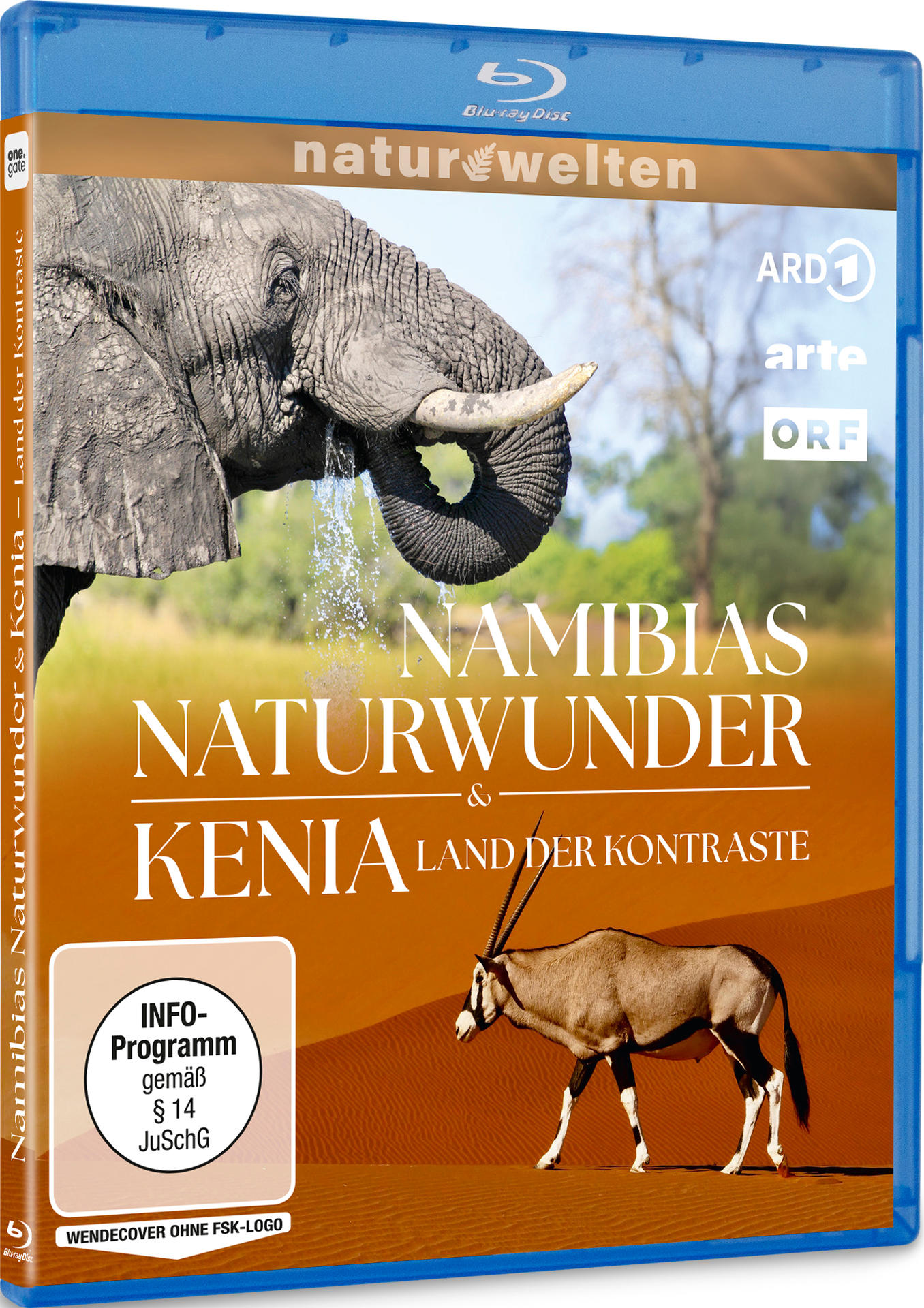 Blu-ray-Disc-Cover. Zeigt einen Elefanten, Oryx und Text: Namibias Naturwunder & Kenia Land der Kontraste, mit Logos von ARD1, arte und ORF.