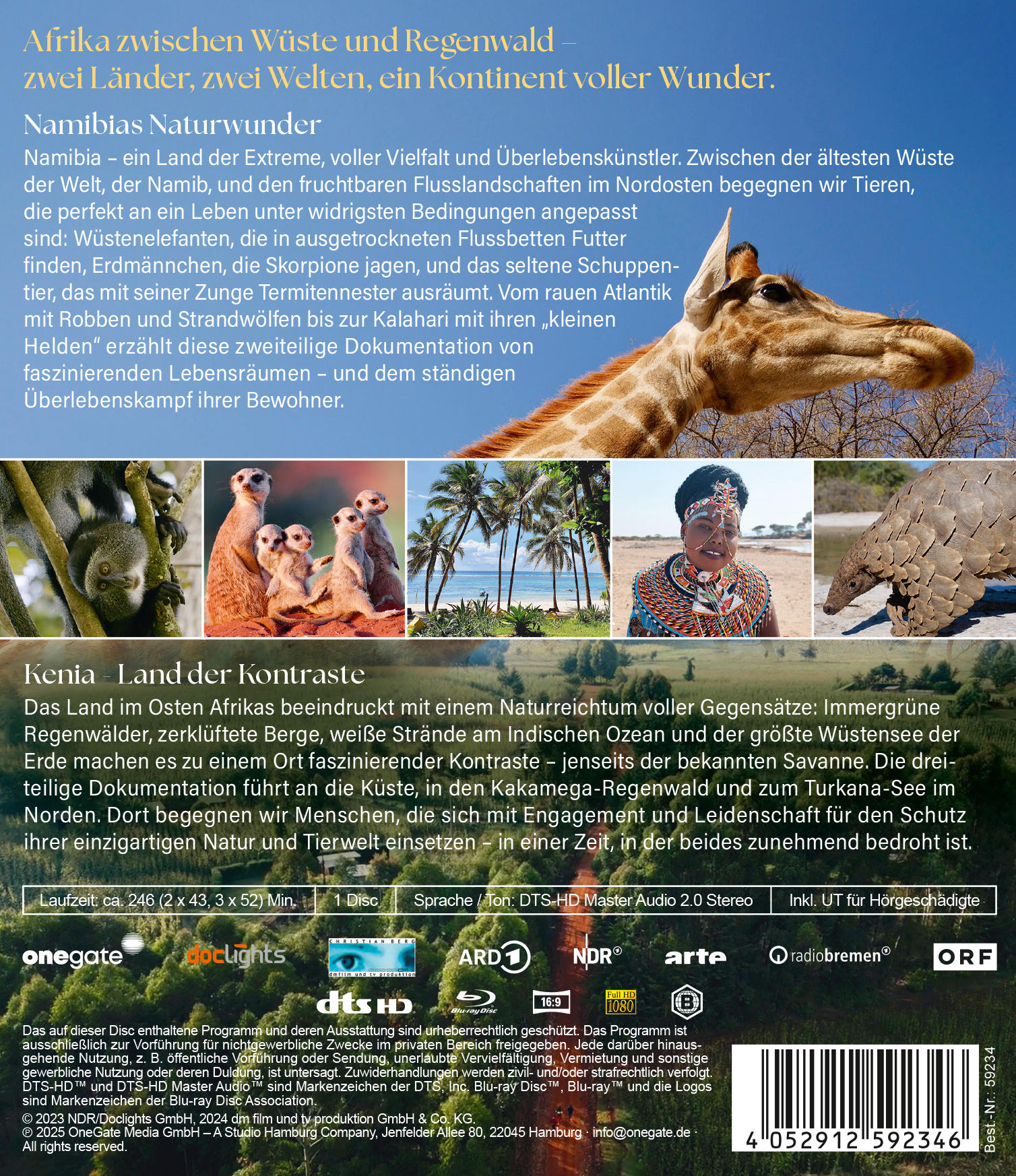 Das Bild zeigt eine Giraffe vor blauem Himmel und verschiedene afrikanische Wildtierszenen.