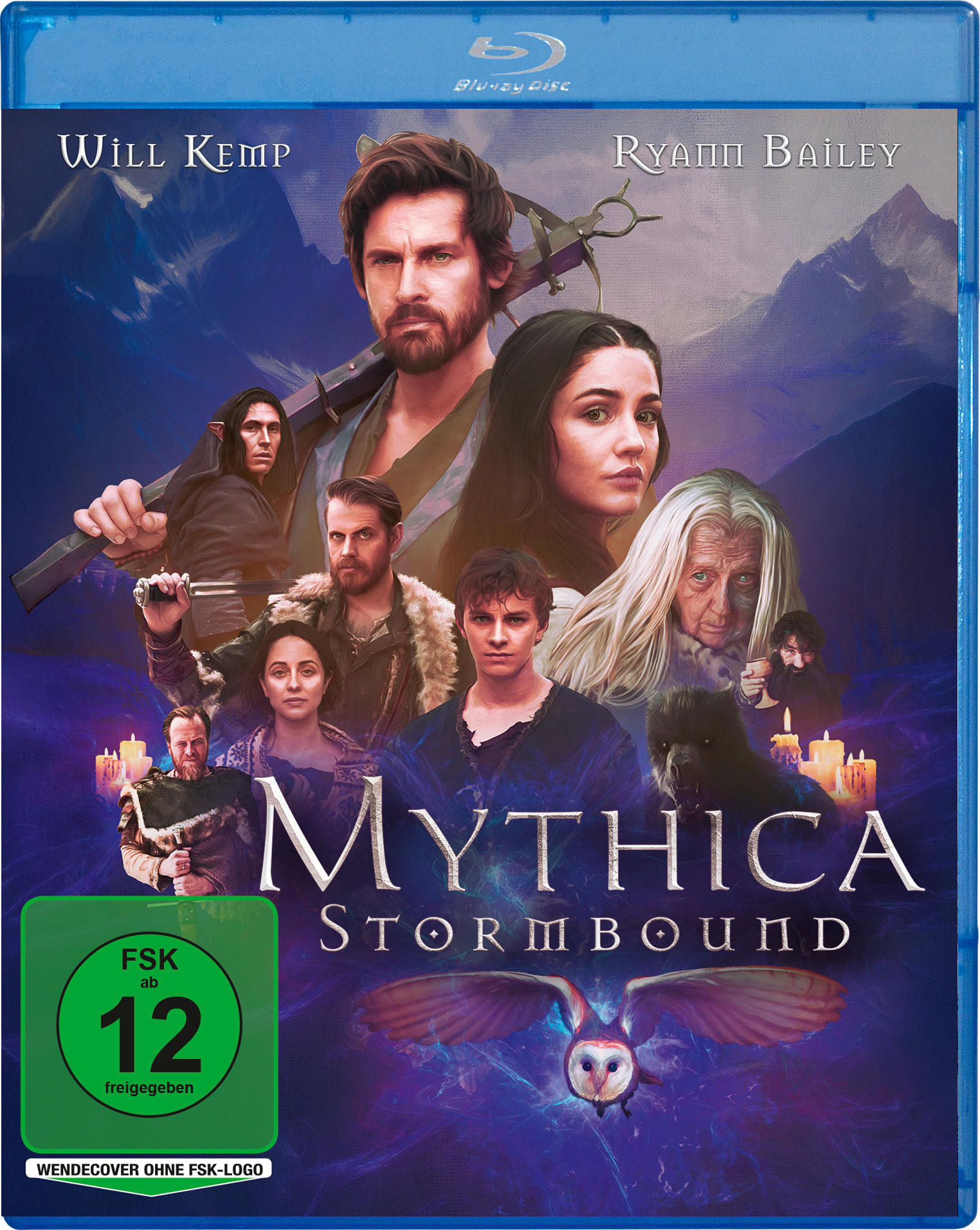Blu-ray-Cover. Zeigt eine Gruppe von Personen. Titel ist Mythica Stormbound. Enthält eine Eule und das FSK 12-Logo.