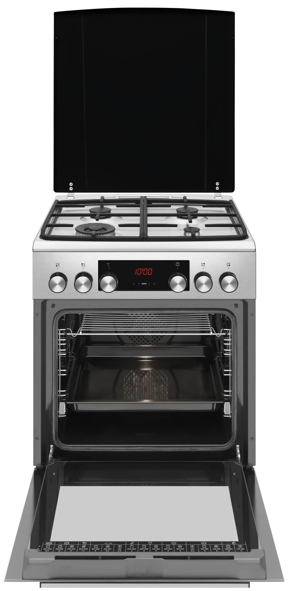 Piekarnik ze stali nierdzewnej ze szklanym blatem i otwartymi drzwiami. Piekarnik wyświetla 10:00. Piekarnik jest wyłączony.