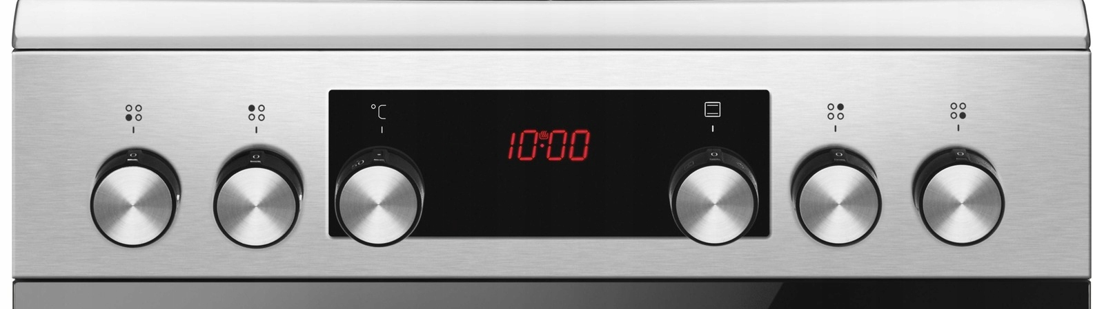 Zbliżenie panelu sterowania piekarnika ze stali nierdzewnej. Ma pokrętła, zegar cyfrowy i symbole funkcji piekarnika.