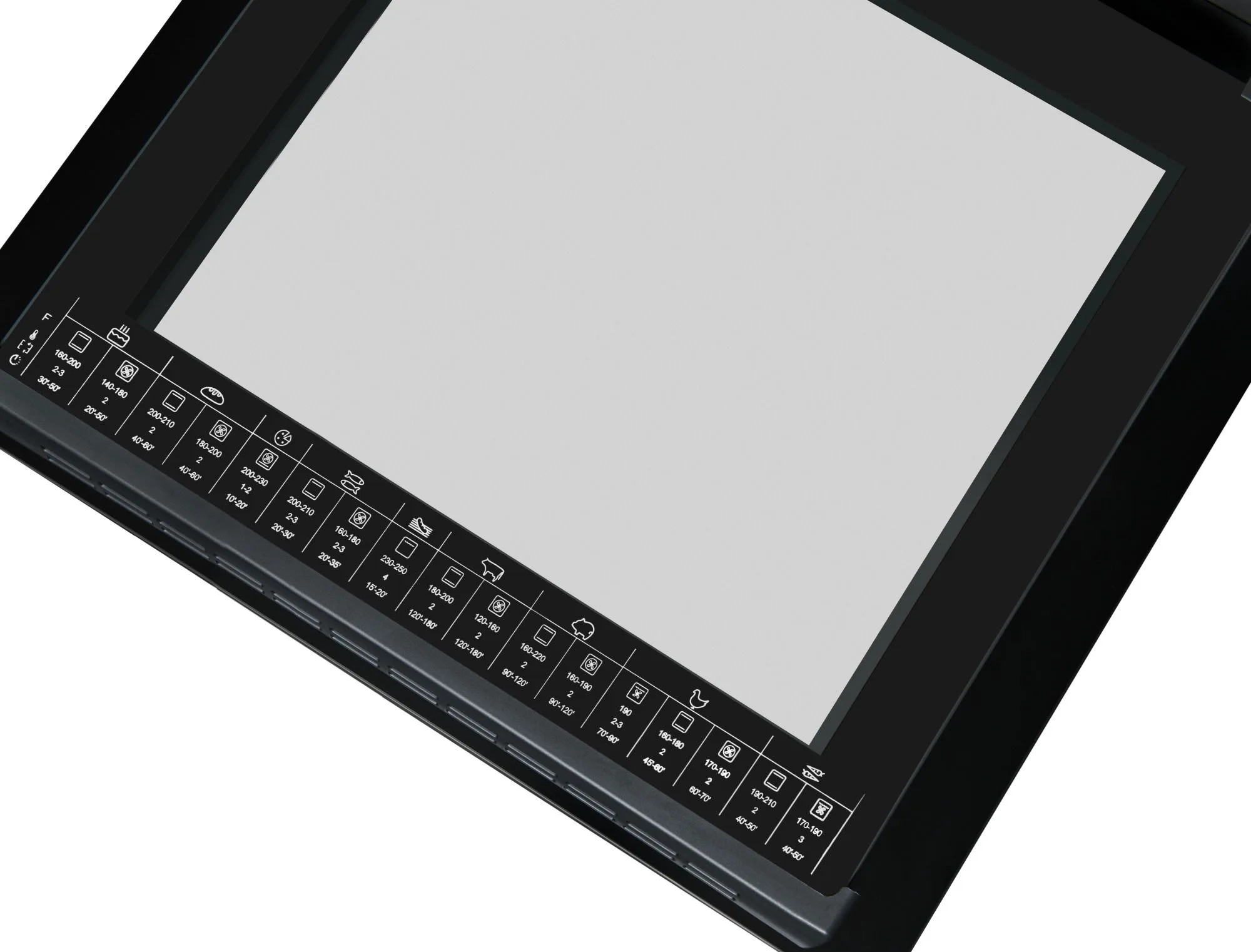 Czarny piekarnik z cyfrowym wyświetlaczem i panelem sterowania. Widoczne są różne ikony gotowania i ustawienia temperatury.