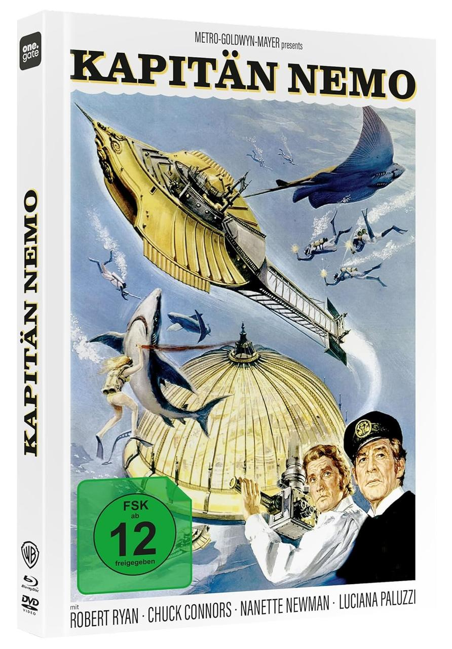 DVD-Cover von 'Kapitän Nemo' mit U-Boot, Haien, Tauchern und Schauspielern. Gelbes U-Boot, blauer Himmel, Filmtitel.