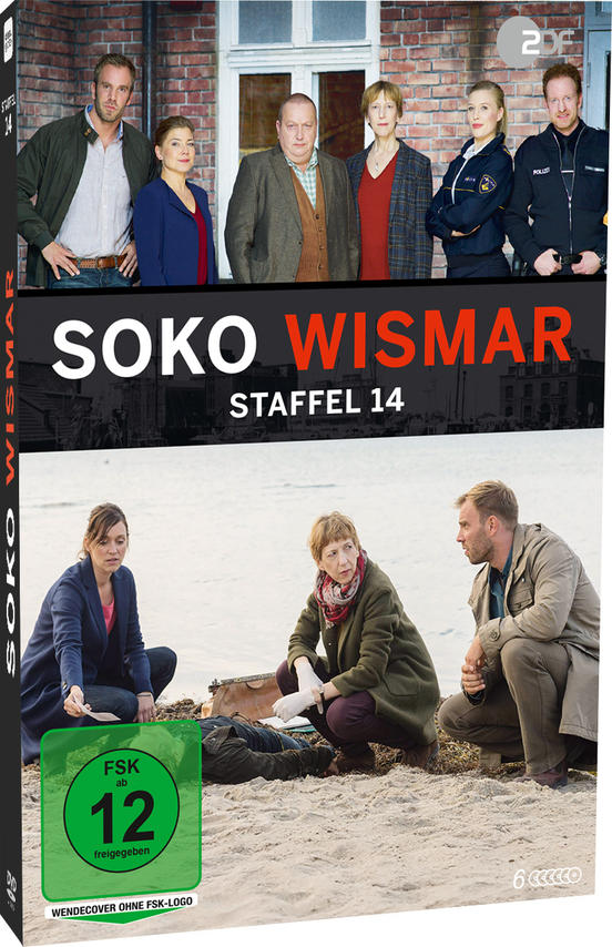 DVD-Cover für SOKO Wismar Staffel 14. Oben: Besetzung. Unten: Tatort mit Ermittlern. Grünes FSK 12-Logo.