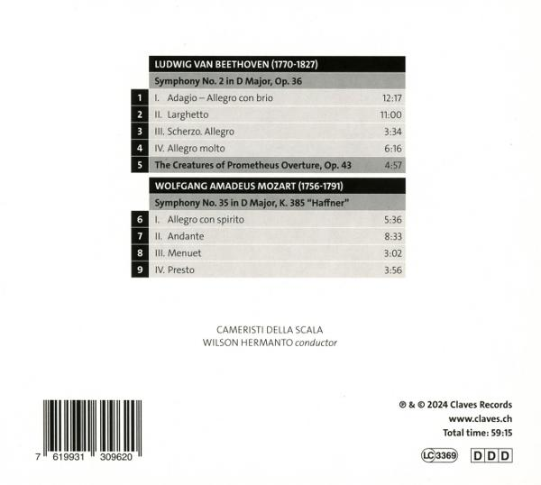 Albumcover mit Musikdetails. Beethoven- und Mozart-Symphonie-Timings sind aufgeführt. Enthält einen Barcode.