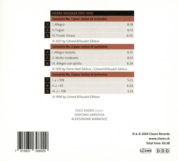 CD-Cover mit Details zu Musikkompositionen. Enthält Titellisten für drei Konzerte von Pierre Wissmer, mit Zeitangaben und Interpreten.