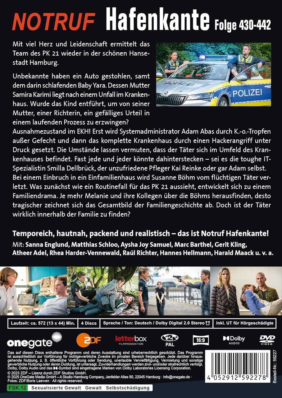 Polizeiauto mit Beamten. Text: 'NOTRUF Hafenkante'. Fotos der Besetzung unten.
