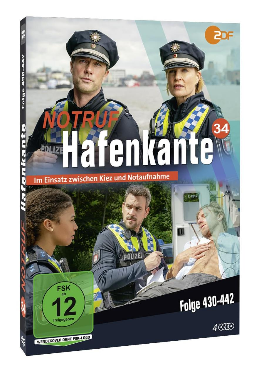 DVD-Cover von 'Hafenkante'. Es zeigt Polizisten, ein grünes FSK-Zeichen und Text. Der Hintergrund hat eine verschwommene Stadtszene.