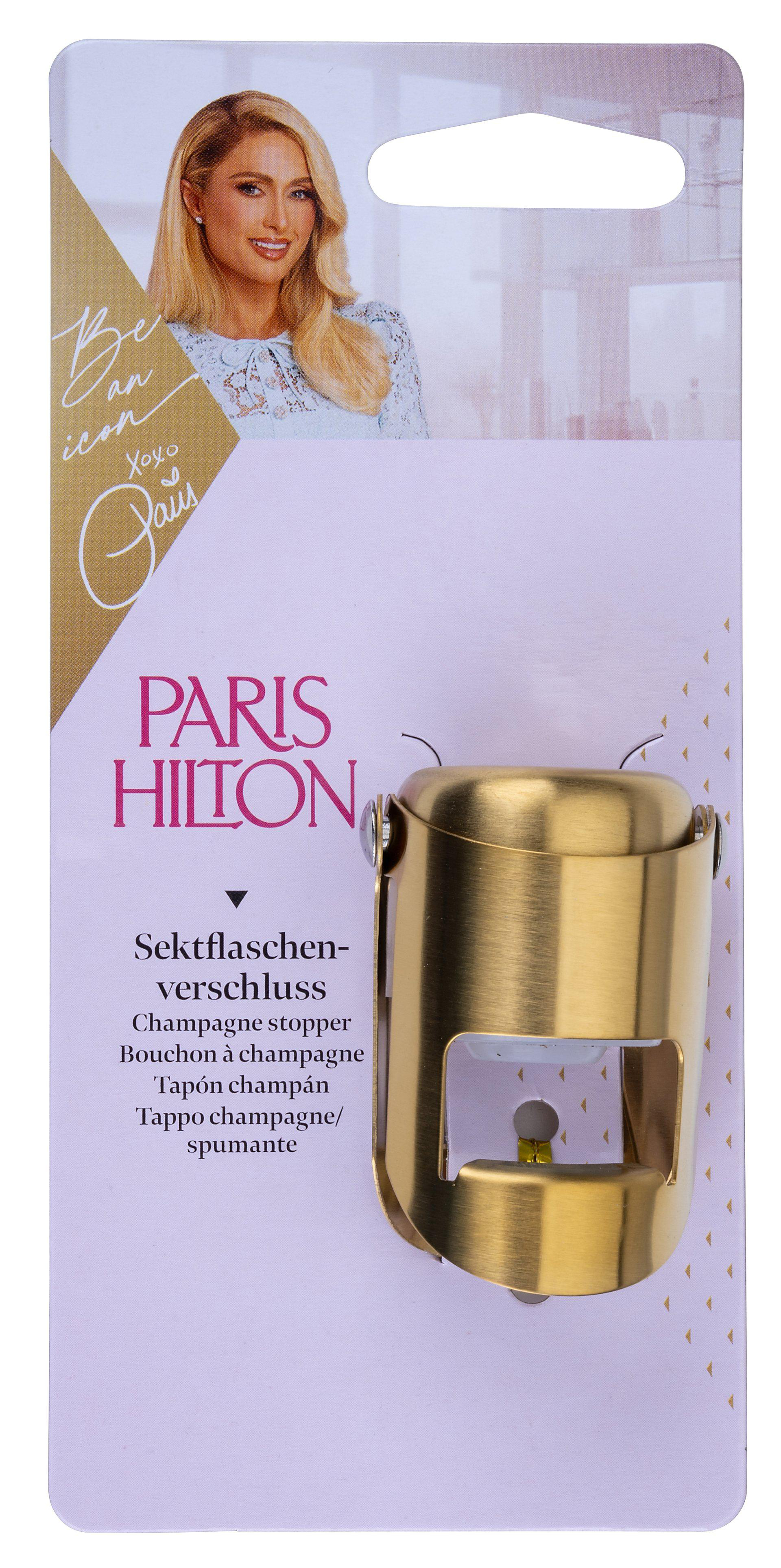 Paket für einen Champagnerverschluss. Enthält ein Foto von Paris Hilton und einen goldenen Verschluss. Text enthält 'Paris Hilton'.