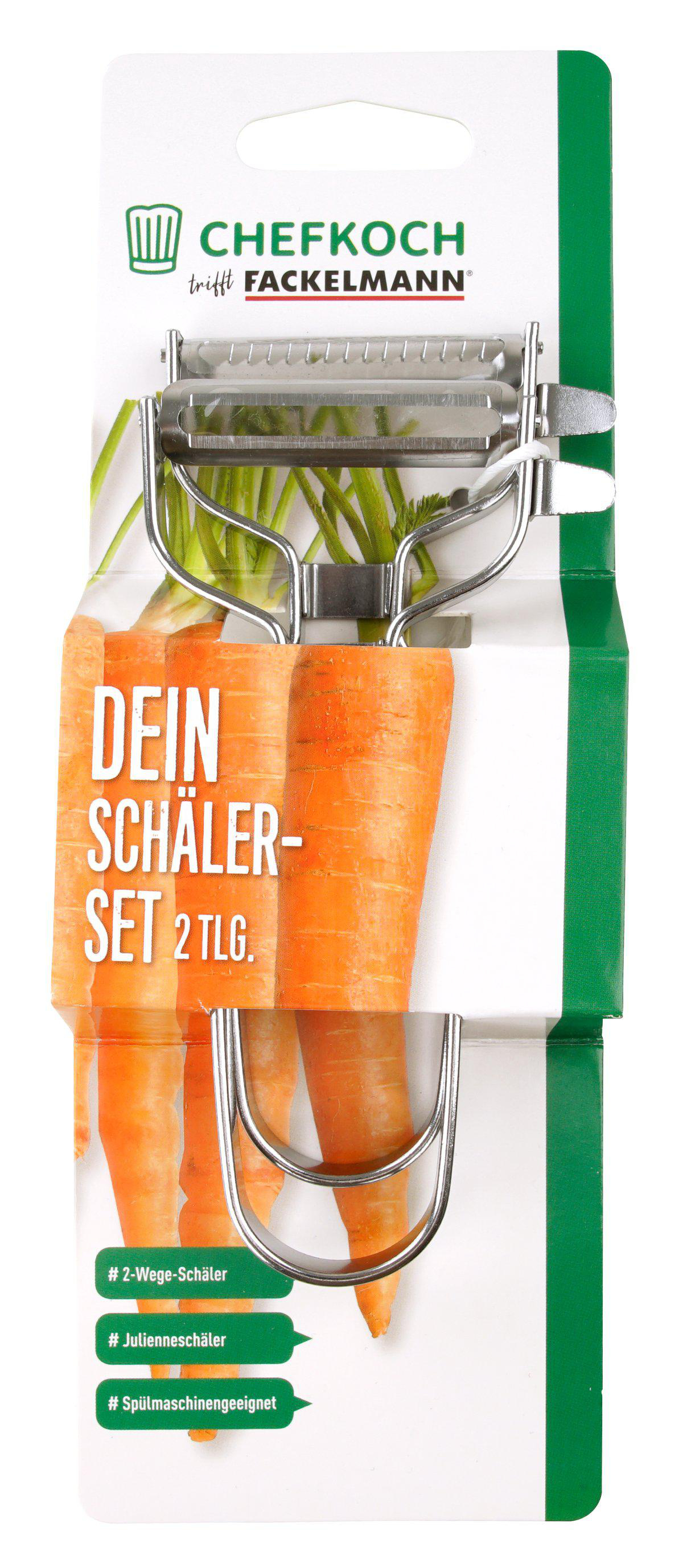 Produktverpackung für ein Chefkoch Fackelmann Schälerset. Die Verpackung zeigt Karotten, einen Schäler und hat deutschen Text.