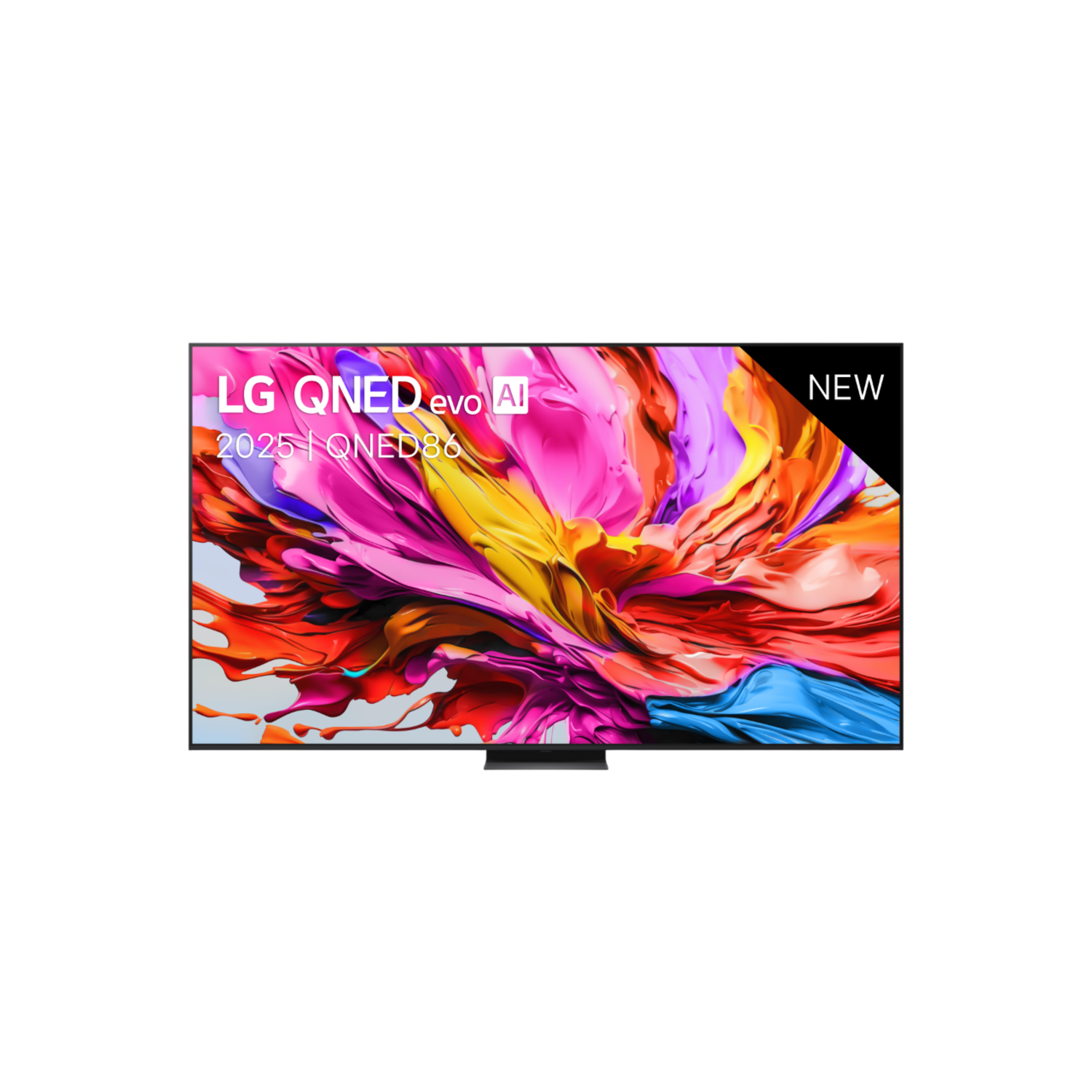 LG QNED evo AI TV, een display met kleurrijke abstracte kunst. Een nieuwe sticker staat rechtsboven. De achtergrond is zwart.