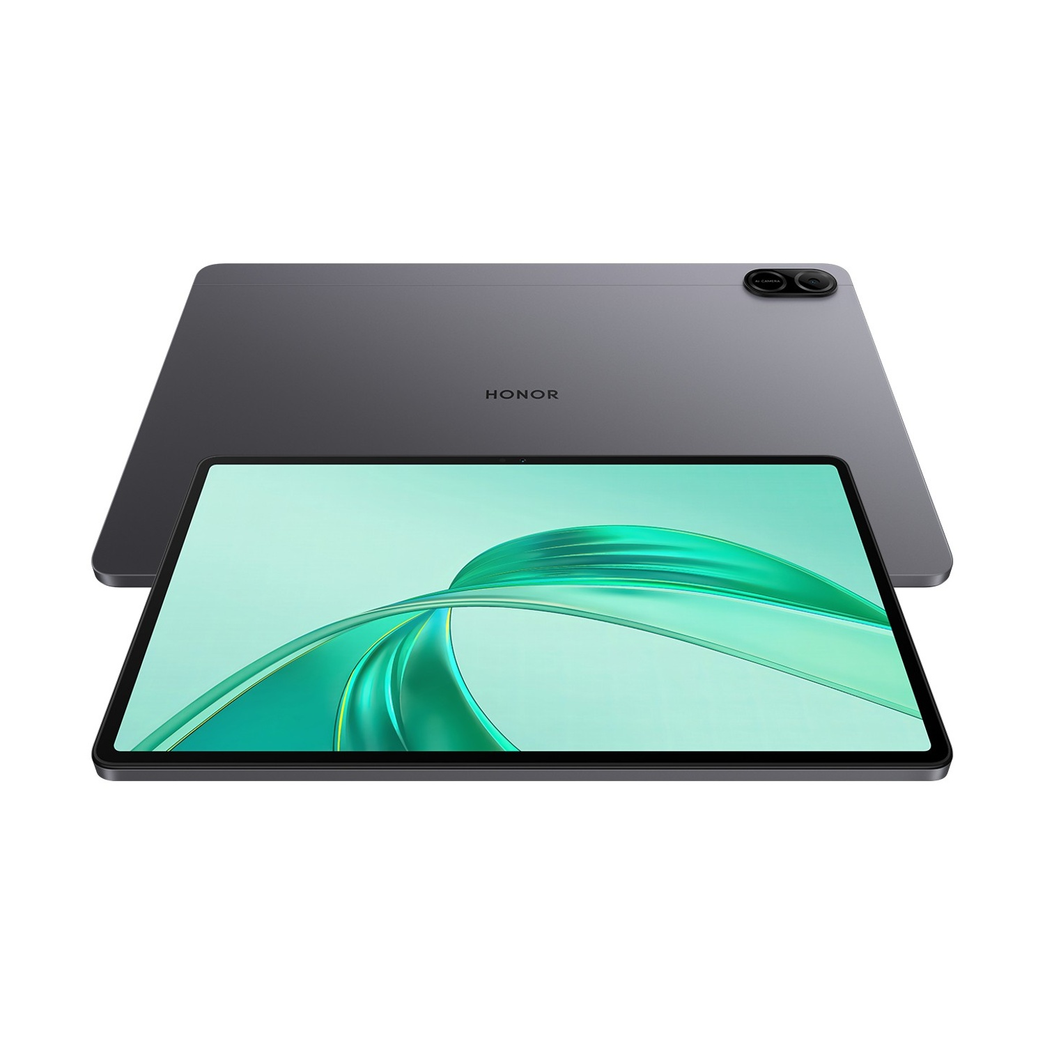 Un tablet grigio con schermo verde e bianco, e la scritta HONOR sul retro. Il tablet è su sfondo bianco.
