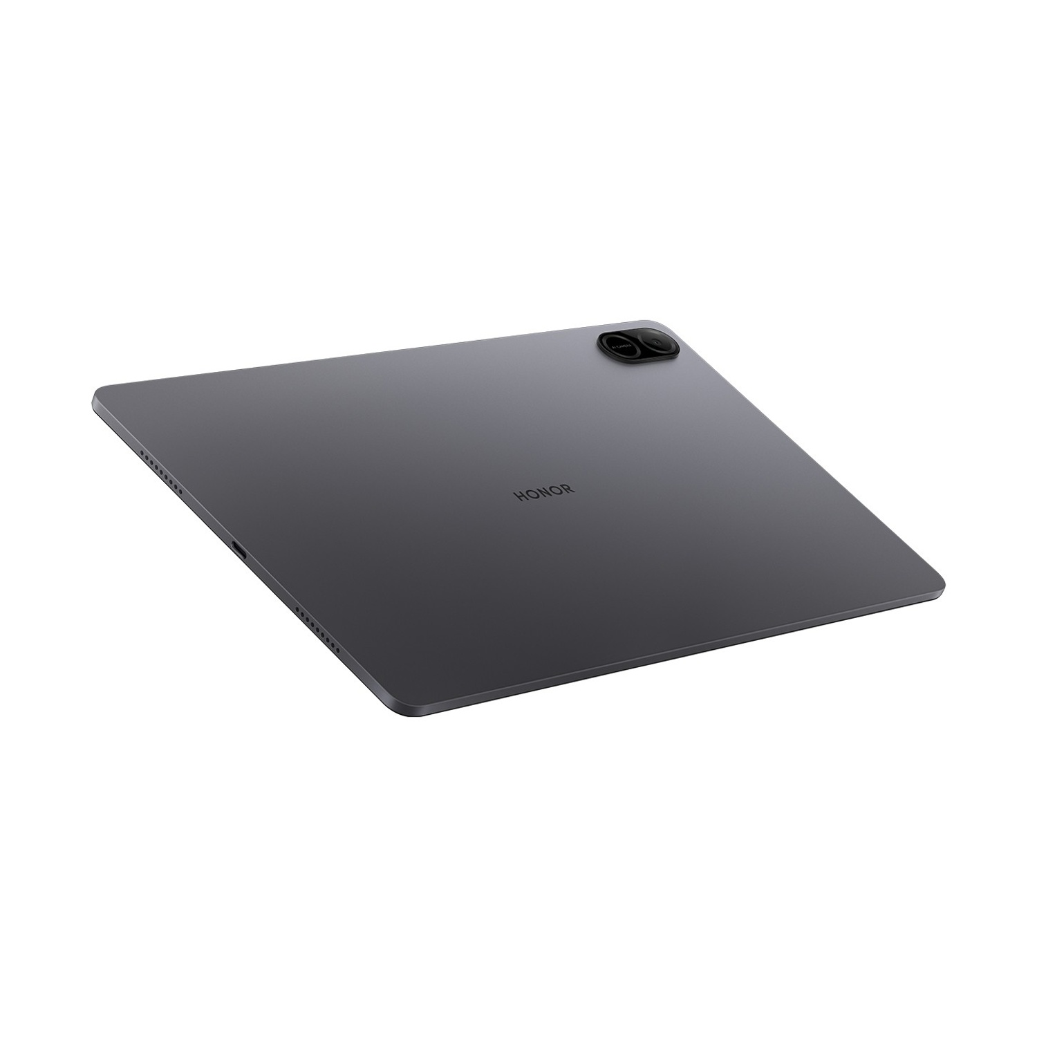 Un tablet grigio scuro Honor, su sfondo bianco. Ha doppie fotocamere e il nome del marchio è visibile.