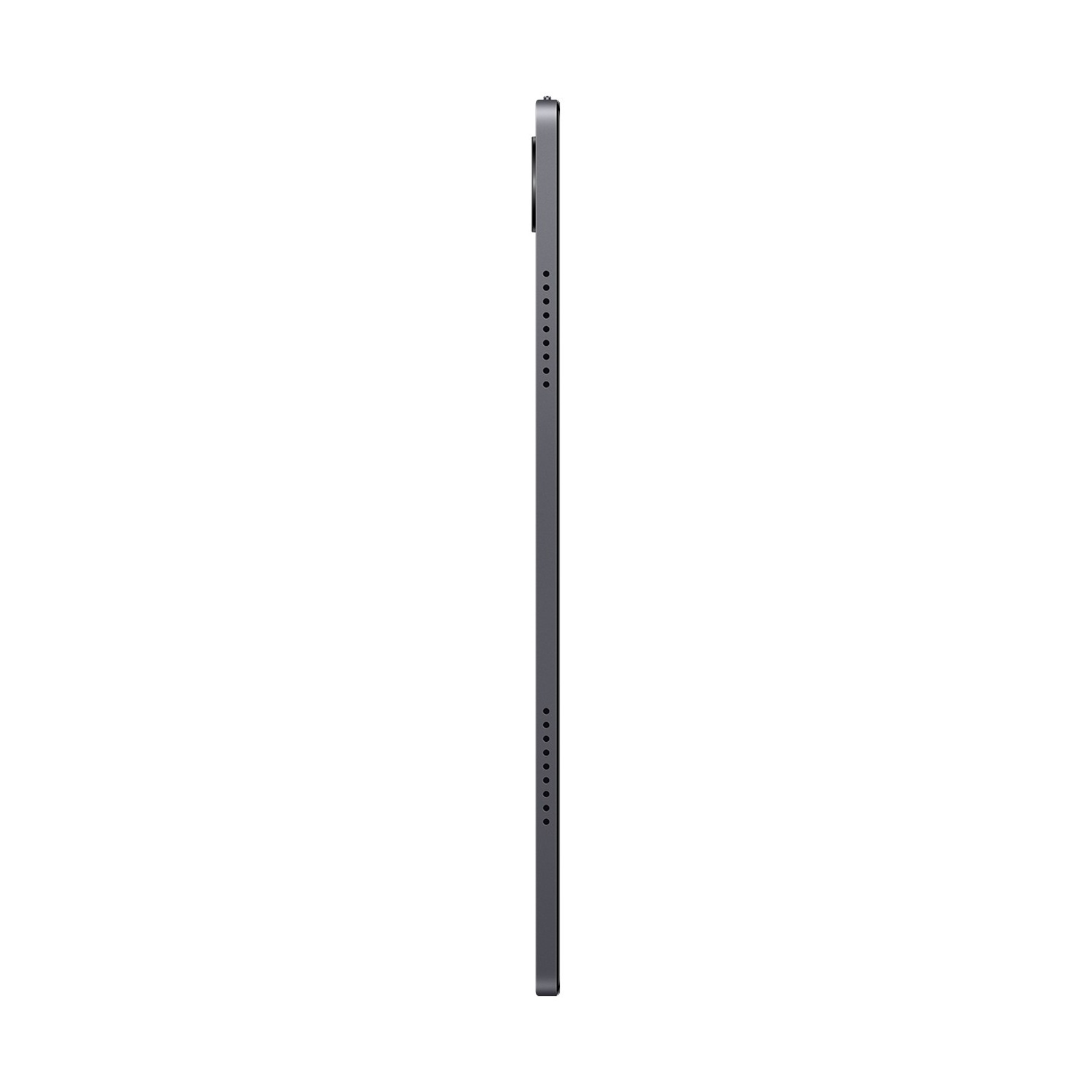 Vista laterale di un tablet grigio scuro. Il tablet è verticale, mostrando il bordo con pulsanti e una fotocamera.