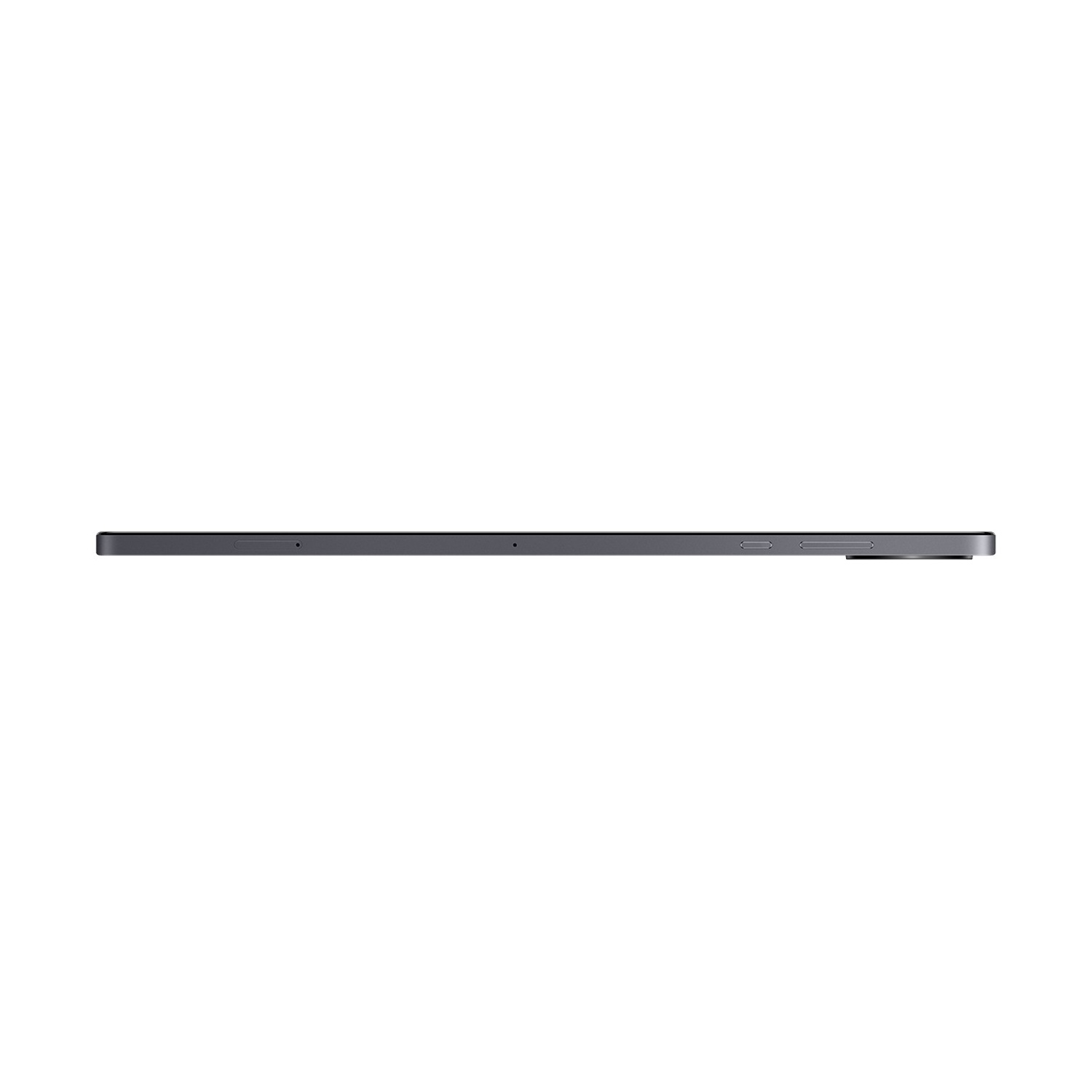 Un tablet grigio scuro è visto di lato. I pulsanti di accensione e volume sono visibili. Il tablet è su sfondo bianco.