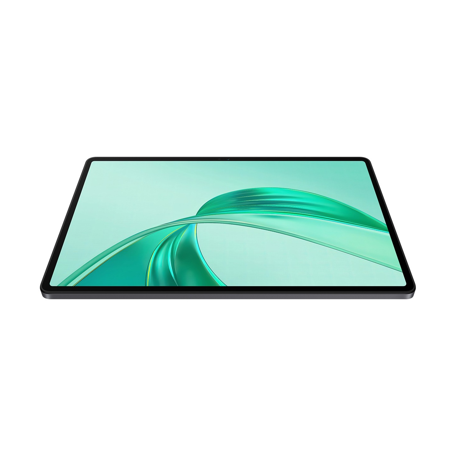 Un tablet con cornice nera è mostrato in prospettiva. Lo schermo mostra un design astratto verde e turchese su sfondo bianco.