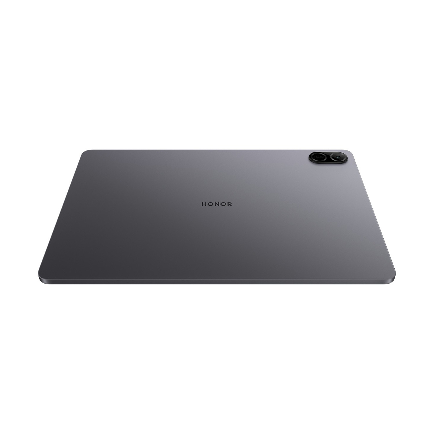 Un tablet grigio con la scritta "HONOR" e lenti a doppia fotocamera. È su sfondo bianco.