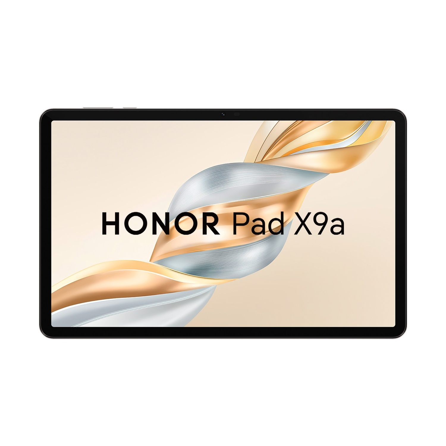 Un tablet Honor Pad X9a. Ha una cornice nera e uno schermo con le parole HONOR Pad X9a. Lo sfondo è astratto.
