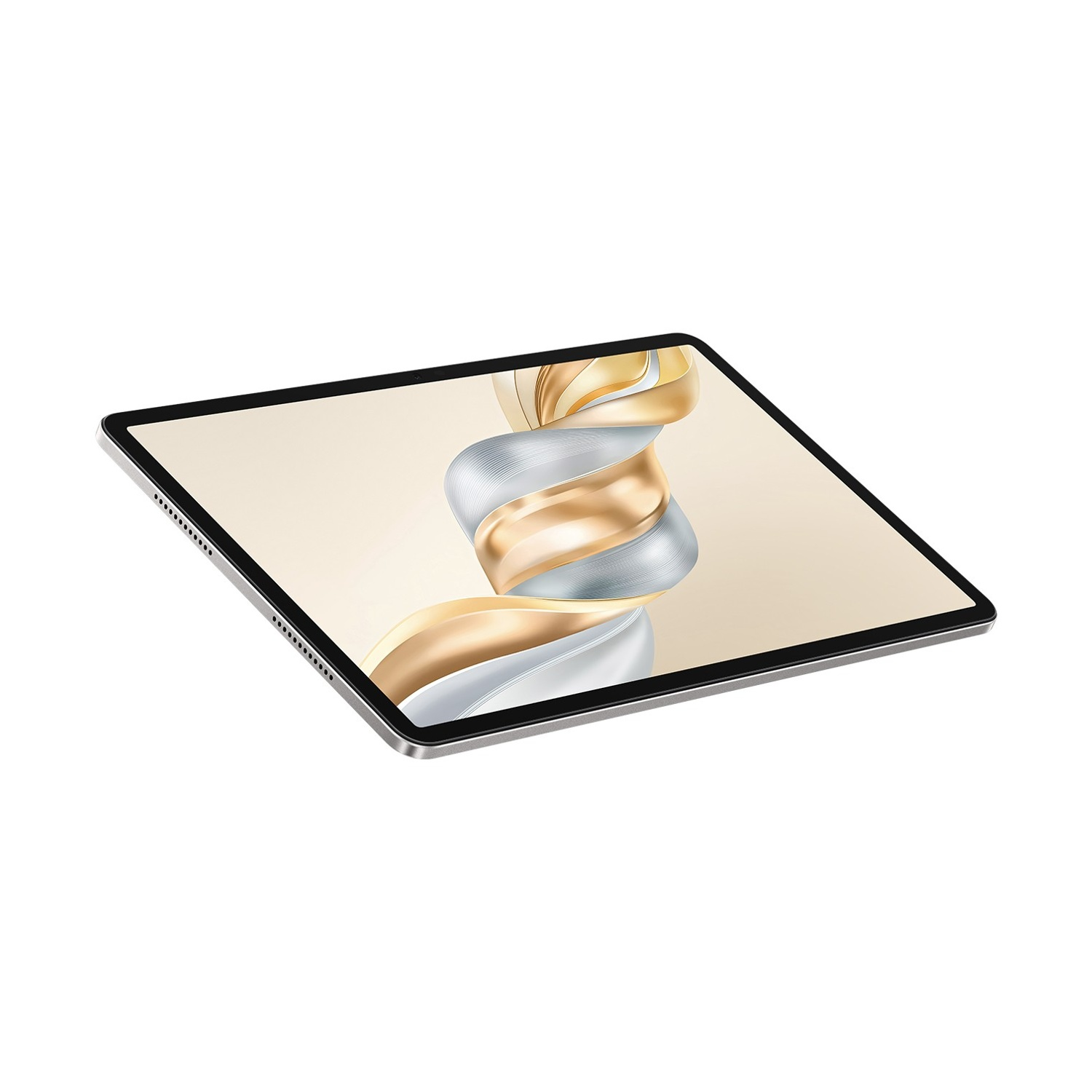 Un tablet su sfondo bianco. Lo schermo mostra un design a spirale dorato, argentato e bianco.