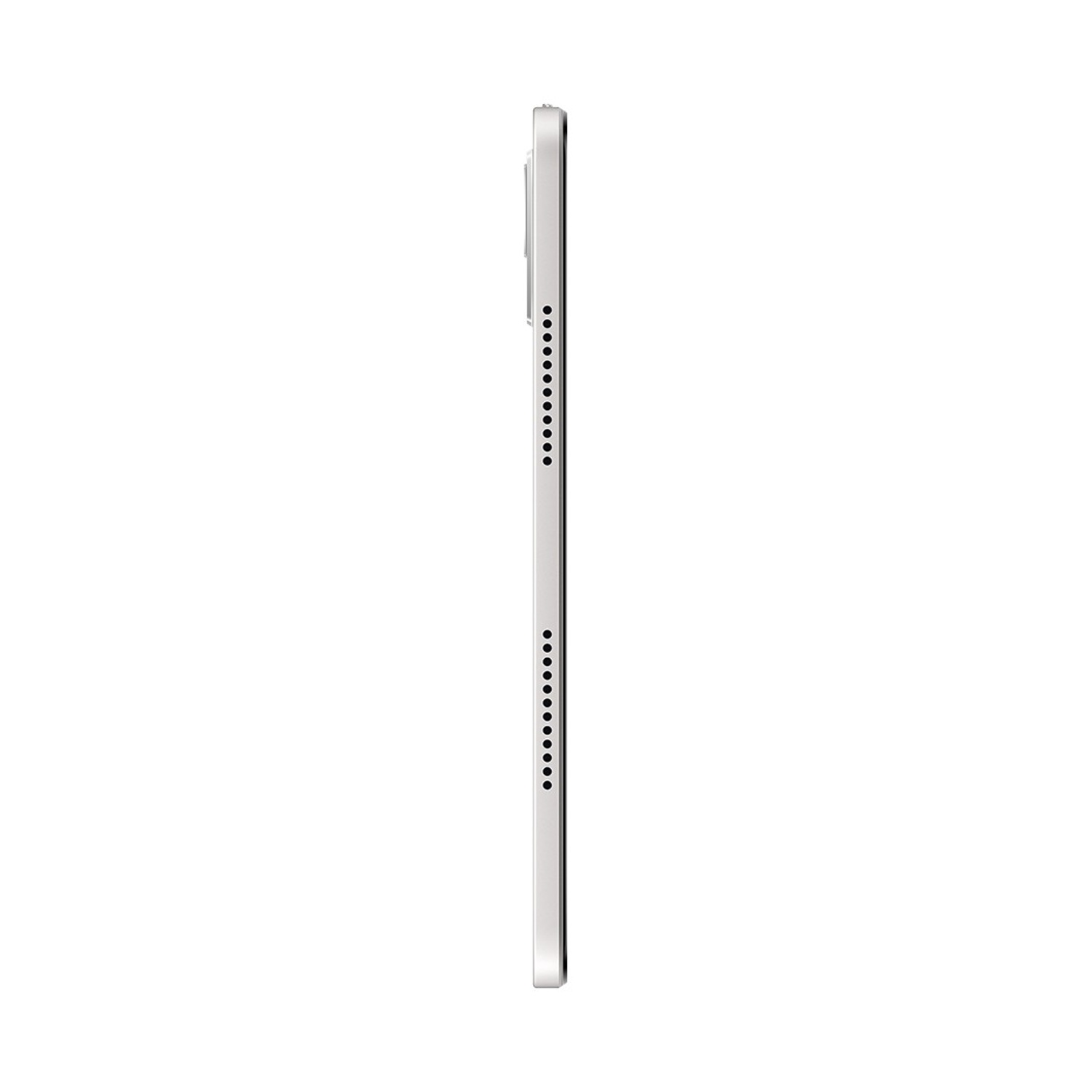 Vista laterale di un tablet argentato. Il lato presenta una fila di piccoli punti neri, probabilmente per altoparlanti o porte. Lo sfondo è bianco.